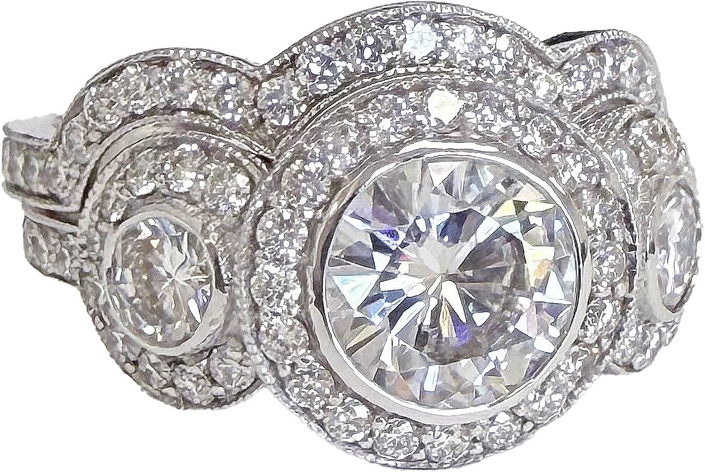 Round Cut Moissanite Engagement Ring And Band Three Stone Style Bezel Set Design 14k Solid White Gold Halo Style Wedding Bridal Set 2.75ctw