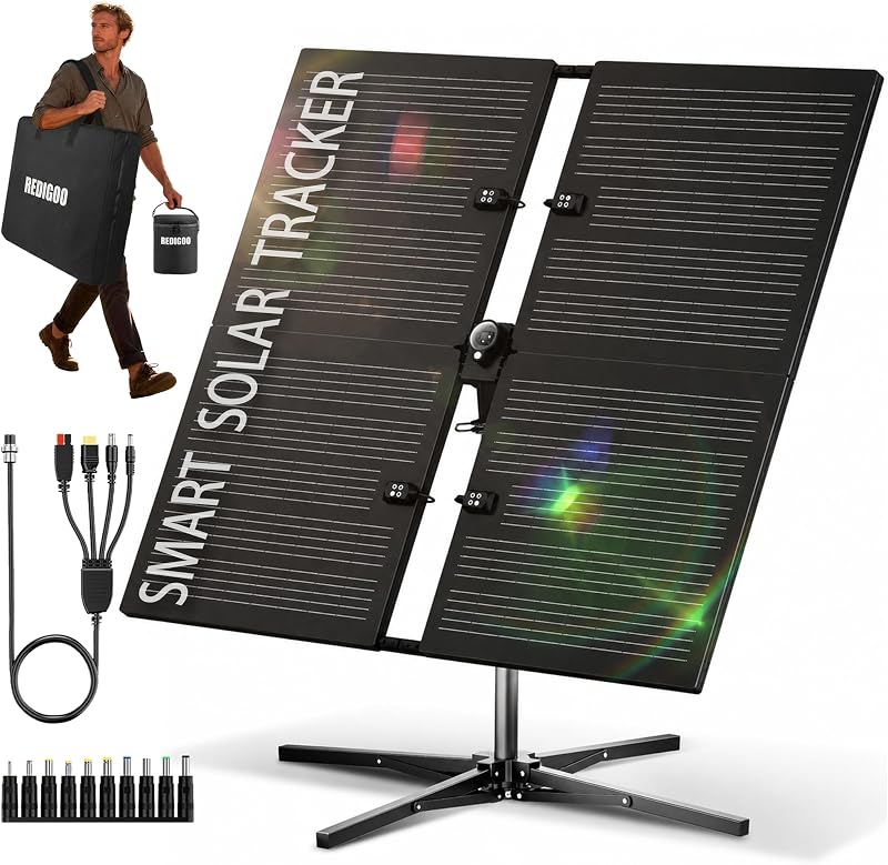 REDIGOO 160W Portable Solar Panel with Dual-Axis Solar Tracker, 300W Equal | Smart Tracking System, Solar Tracker Kit for Solar Panel, Dual Axis Solar System for Camping, RV and Off-grid Use.