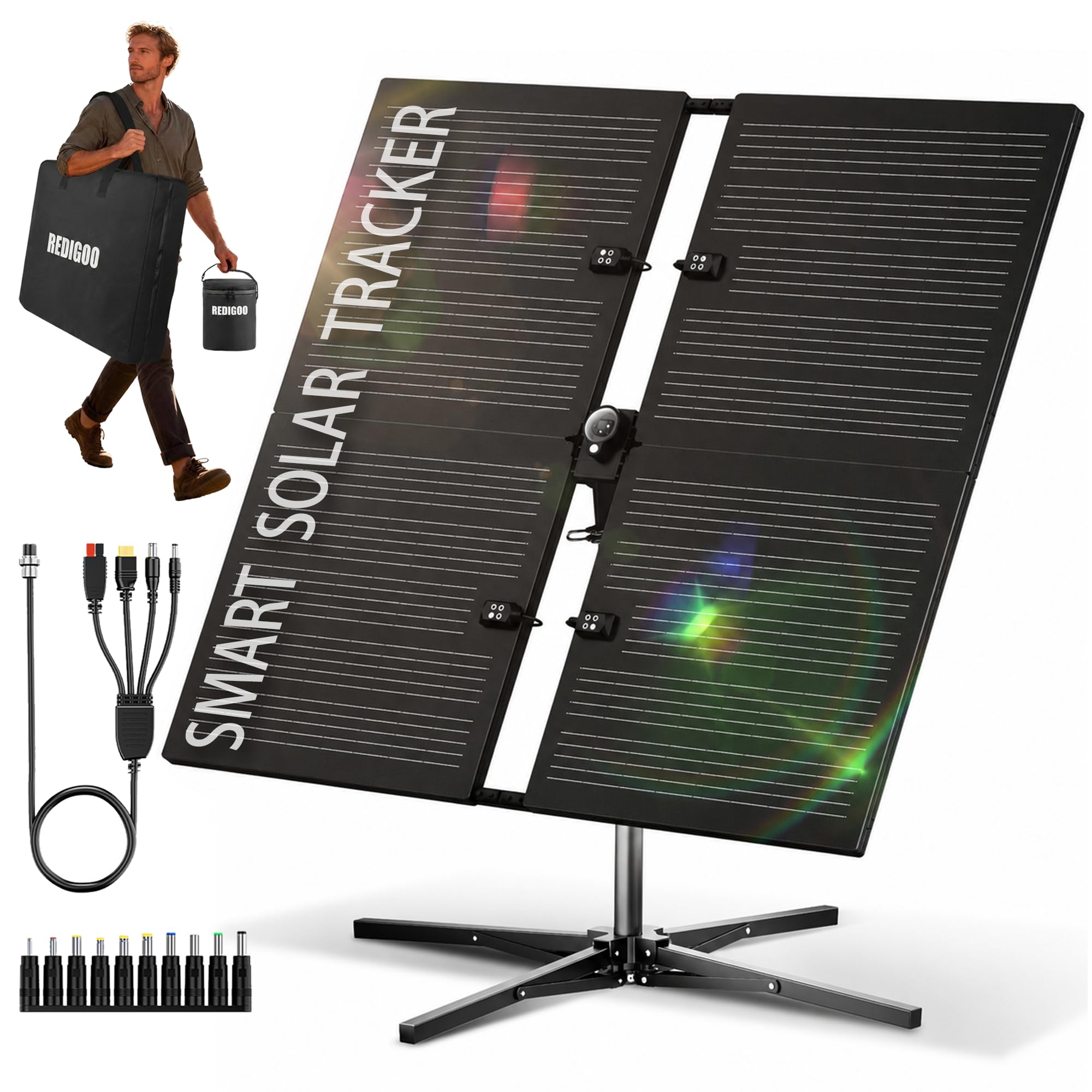 Smart Tracking System, Solar Tracker Kit for Solar Panel, Dual Axis Solar System for Camping, RV and Off-grid Use. REDIGOO 160W Portable Solar Panel with Dual-Axis Solar Tracker, 300W Equal