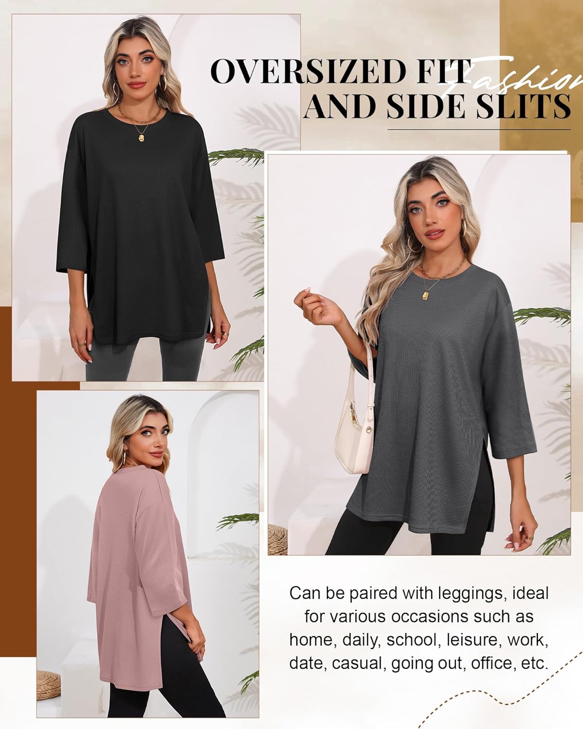 3 Pack Women's 3/4 Sleeve Waffle Knit Tops Oversized Crewneck T-Shirts Loose Casual Blouses Side Split Tees - Image 3