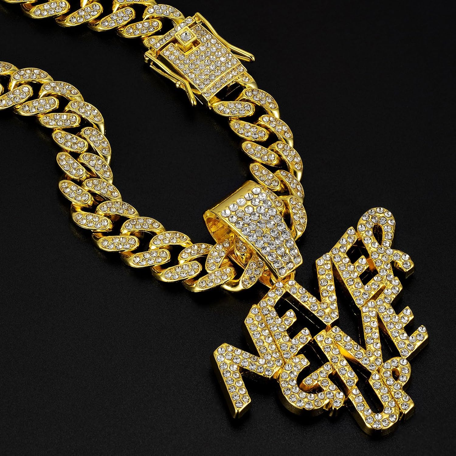 NEVER GIVE UP Hip-hop Cuban Chain, Pendant Miami Cuban Link Chain for Men, Gold/Silver Plated Diamond Necklace, Iced Out Hip Hop Necklace - Image 5