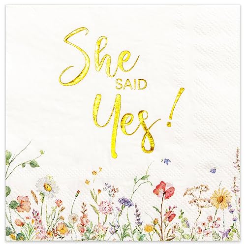 Crisky 3-Ply Engagement Napkins Floral Gold Foil She Said Yes