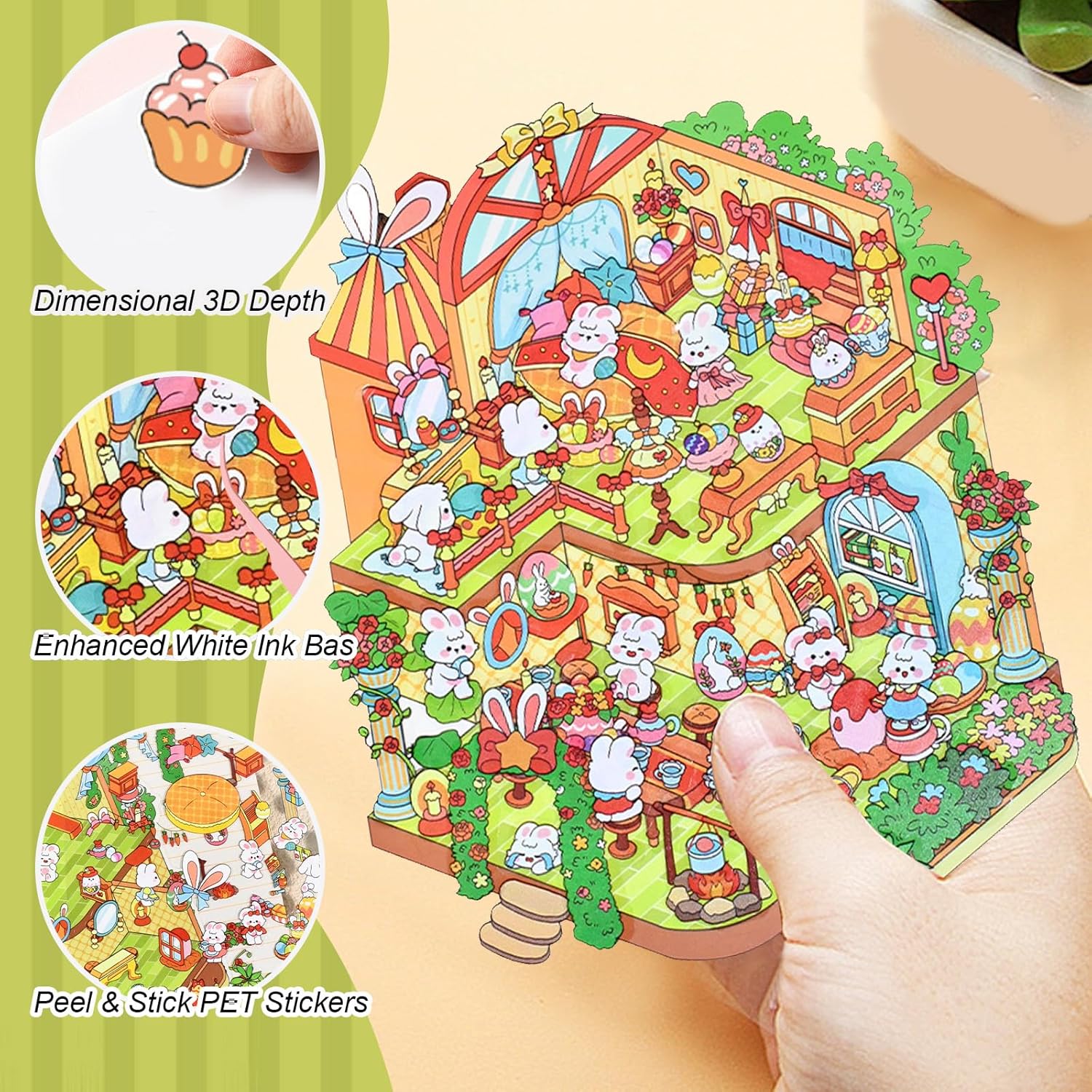 4 Sheets 3D Sticker Scene, Easter Gifts Mini Village Scene Stickers DIY, Waterproof Sticker Scene with Tweezers for Adults and Teens-Easter Mini Village