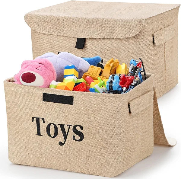 Toy Storage Box Organizer Baskets, 2 Pack Burlap Kids Toys Storage Baskets Bins with Lids & Metal Frame, Collapsible Toy Baskets for Closet Shelves, Nursery, Livingroom, Playroom, 15"x10"x9.8"