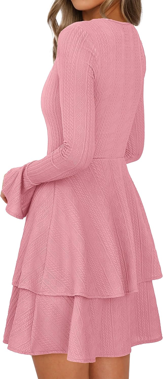 PRETTYGARDEN Womens Flared Long Sleeve Bodycon Mini Dress Formal Tiered Crewneck Slim Fit A Line Fall Short Cocktail Dresses - Image 4