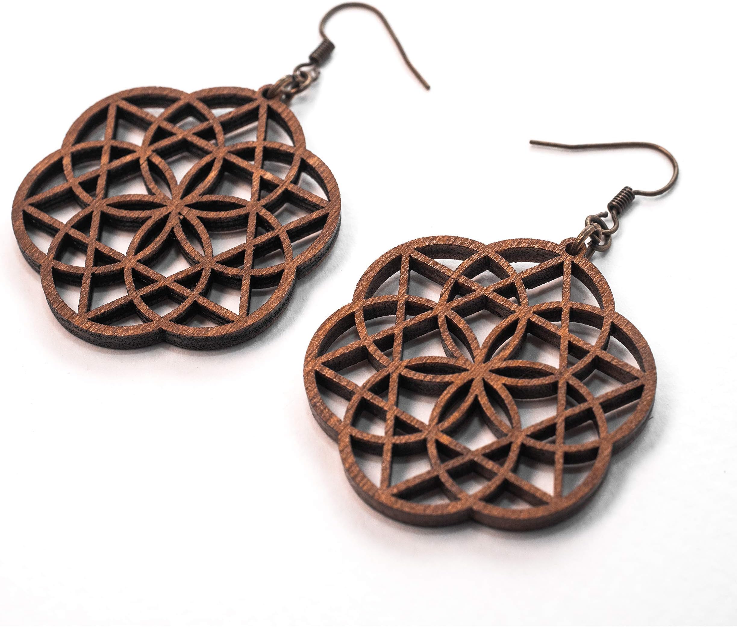 Eclipse Wooden Earrings 0g, Seed of life + Merkaba Star, Sacred Geometry Jewelry