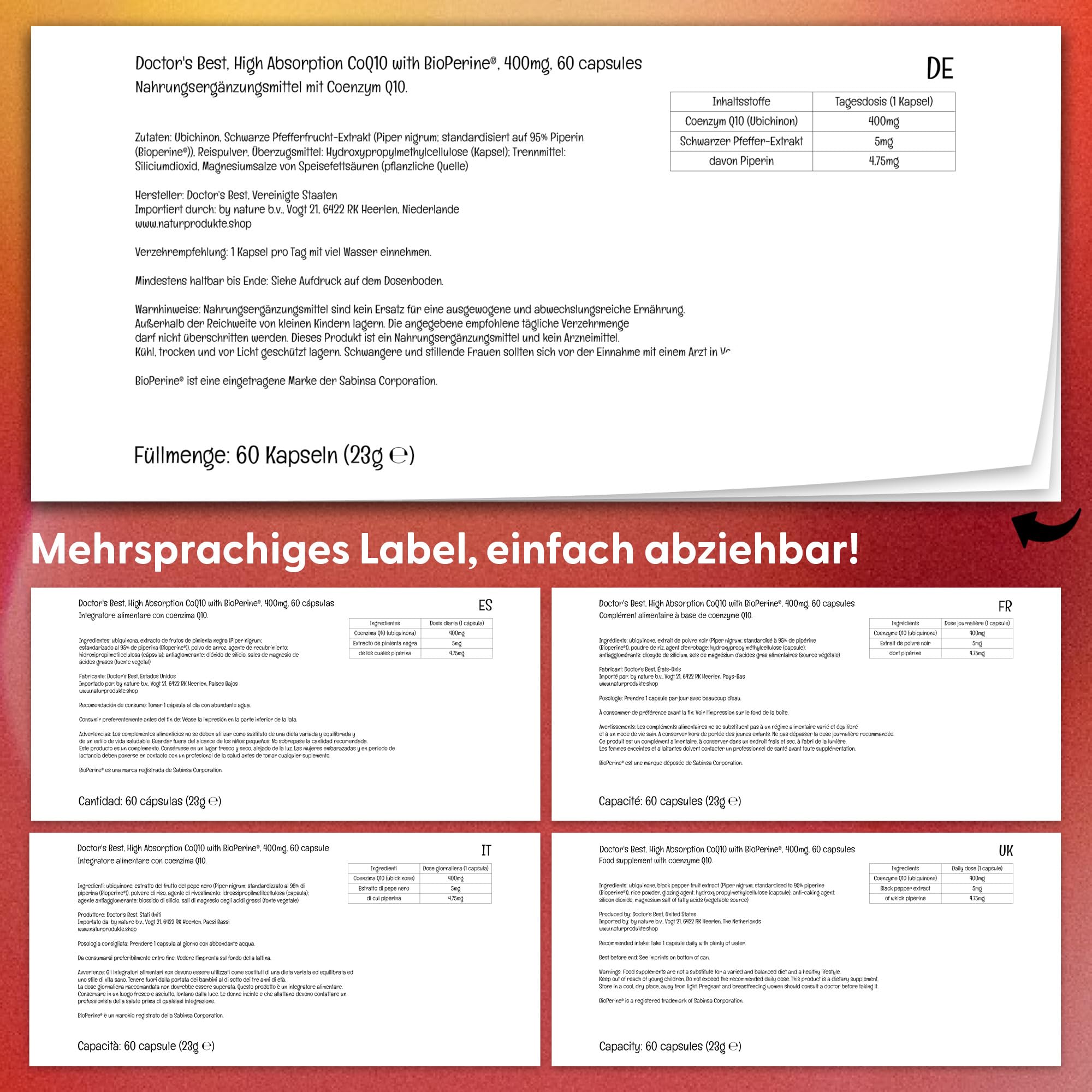 Doctor's Best, High Absorption CoQ10 mit Bioperine (Coenzym Q10), 400mg, 60 vegane Kapseln, Laborgeprüft, Glutenfrei, Sojafrei, Vegetarisch