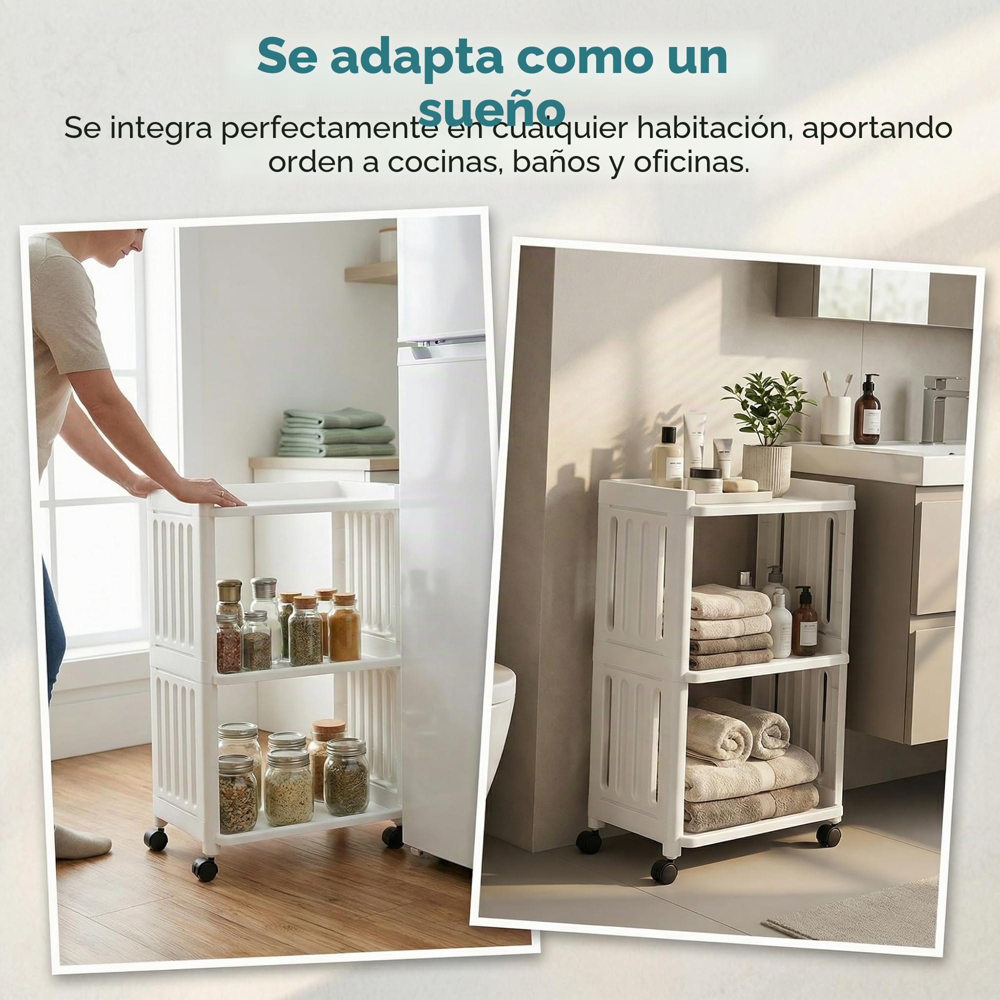 Carrito de Plástico con Ruedas de 3 Niveles, Carrito Auxiliar con 4Ruedas, Organizador de Almacenamiento con Ruedas Multiusos, Carro Almacenaje para Cocina, Baño, Salón, Lavandería y Oficina