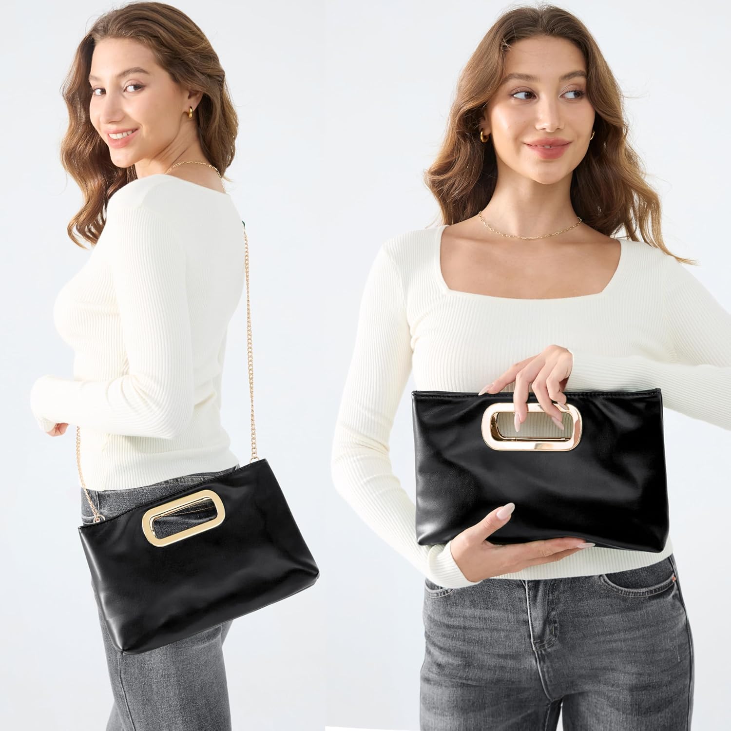 HOXIS Clutch Handbags for Women Cut Out Evening Bag Shoulder Crossbody Purse with Gold Chain