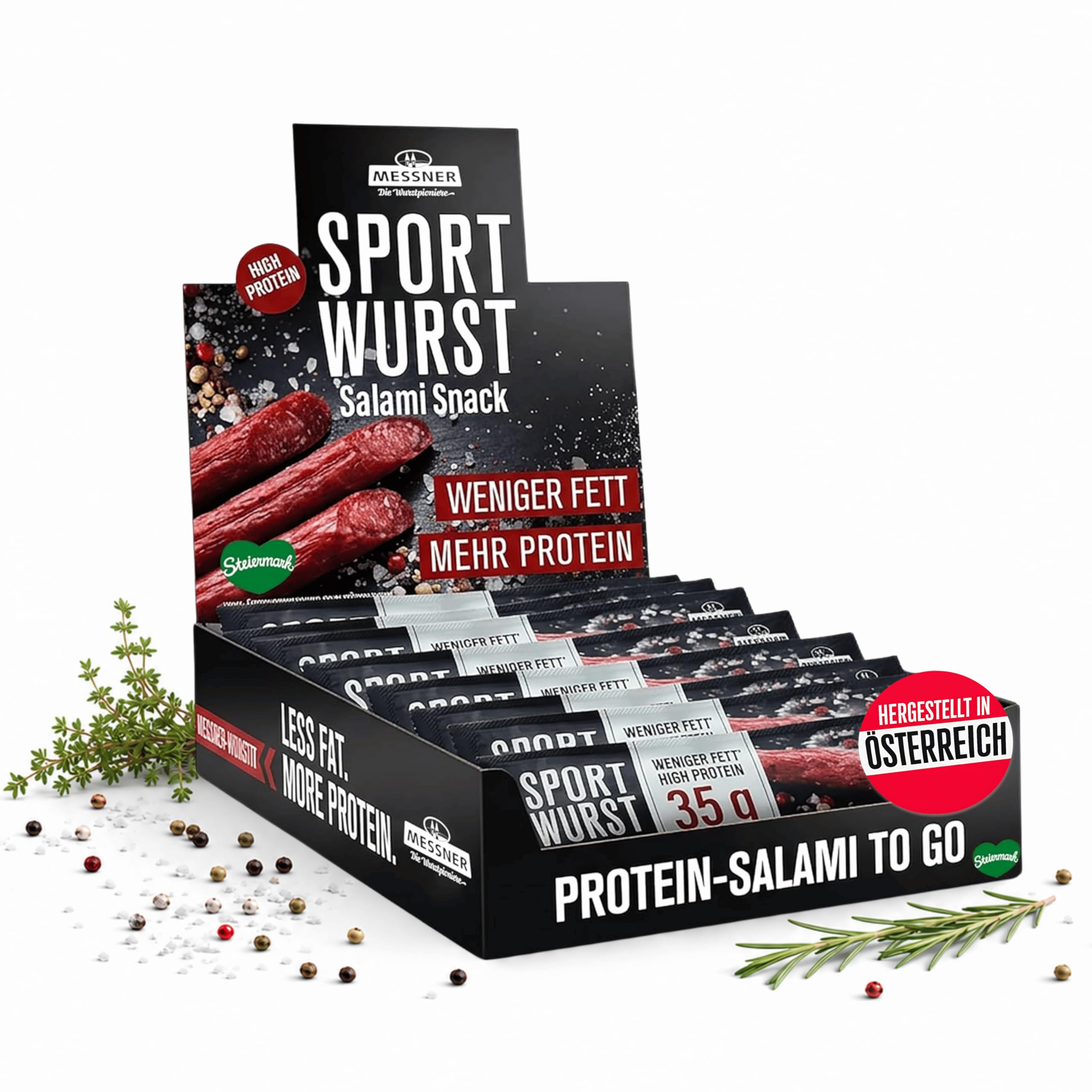 Messner Sportwurst 25x25g (625g) mit 35% Eiweiß und mind. 30% weniger Fett – Pork Snack, Saftig-fleischiger Biss, Zuckerarm – Herzhafte Alternative zu Pork Jerky, Salami Sticks & Protein Bar