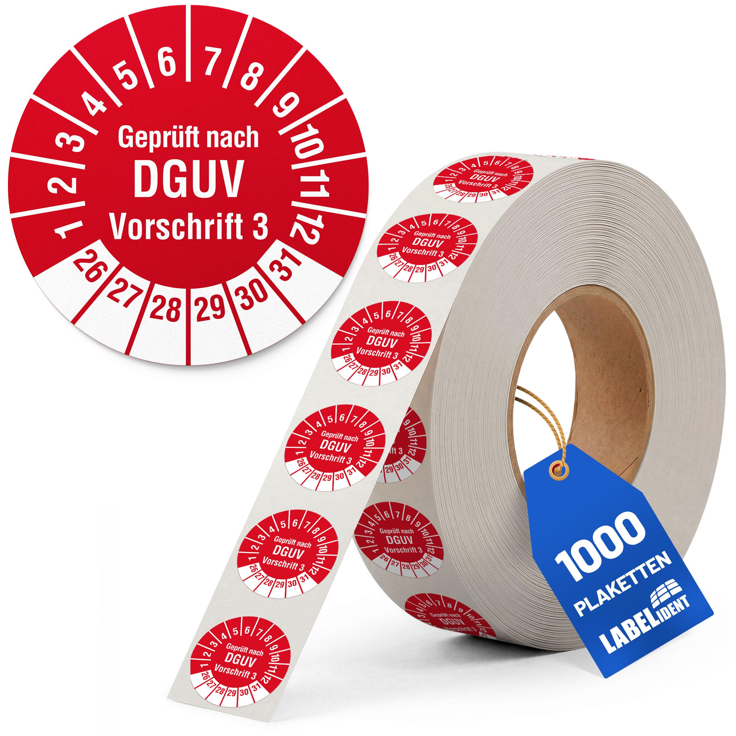 Labelident Prüfplaketten Geprüft nach DGUV Vorschrift 3 - Ø 20 mm - 1.000 auf Rolle, 2026-2031, selbstklebend