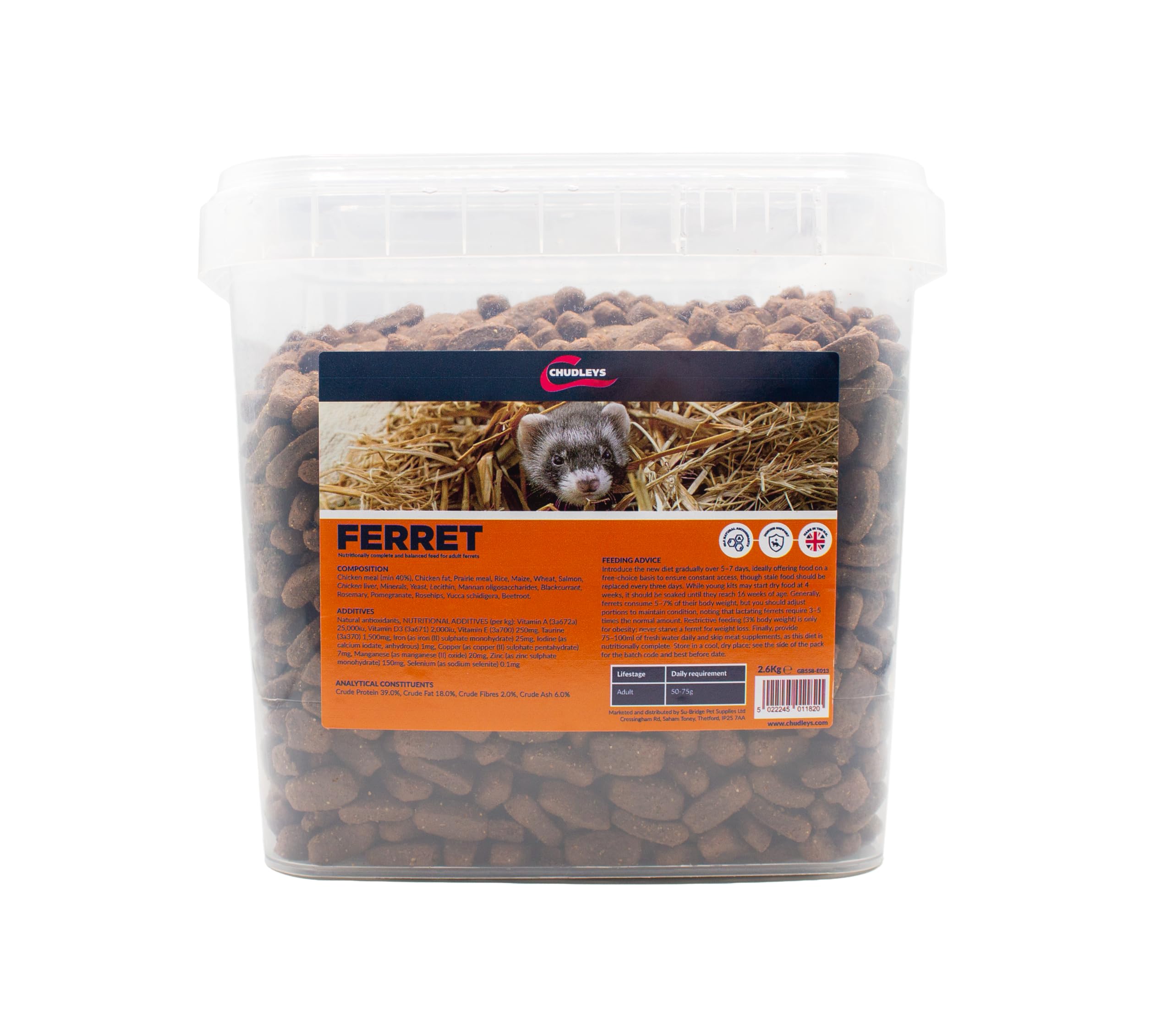 Chudleys Ferret Food Bucket 2.6kg - Complete Dry Ferret Food with Chicken, Salmon and Taurine, High Protein Adult Ferret Diet with Vitamins and Minerals