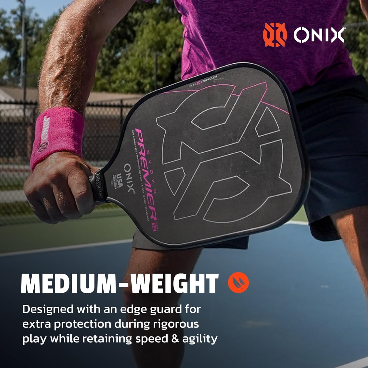 Onix Evoke Premier Raw Carbon Fiber Surface Medium-Weight Premium Perforated Grip One-Piece Construction Pickleball Paddle
