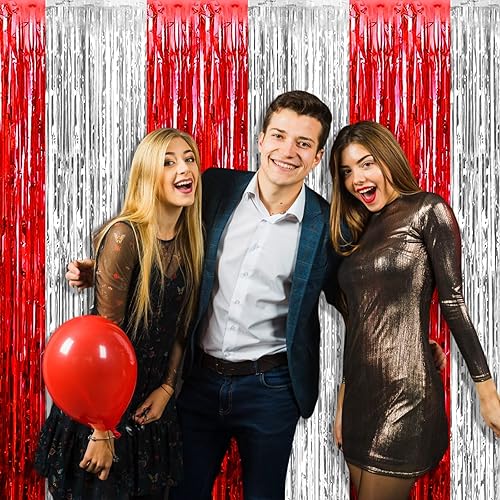 Miniatura 3 de Paquete de 4 cortinas de flecos de papel de aluminio rojo plateado 328 x 656 pies cortinas de flecos metálicos de oropel para cabina de fotos boda