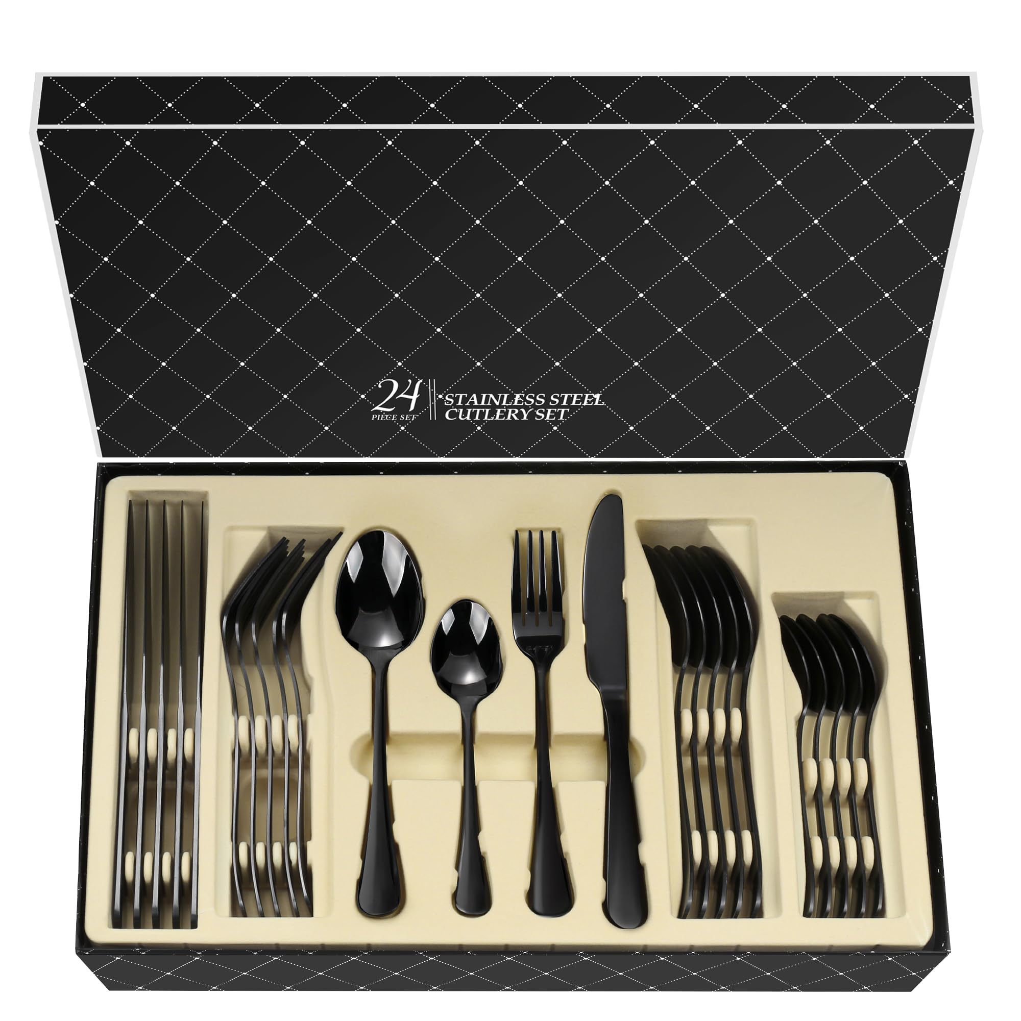 Black Cutlery Set, 24-Piece Flatware Set Stainless Steel Knife and Fork Set with Gift Box, Mirror Polished, Dishwasher Safe & Durable Dinnerware Set for Home Entertaining Christmas, Service for 6