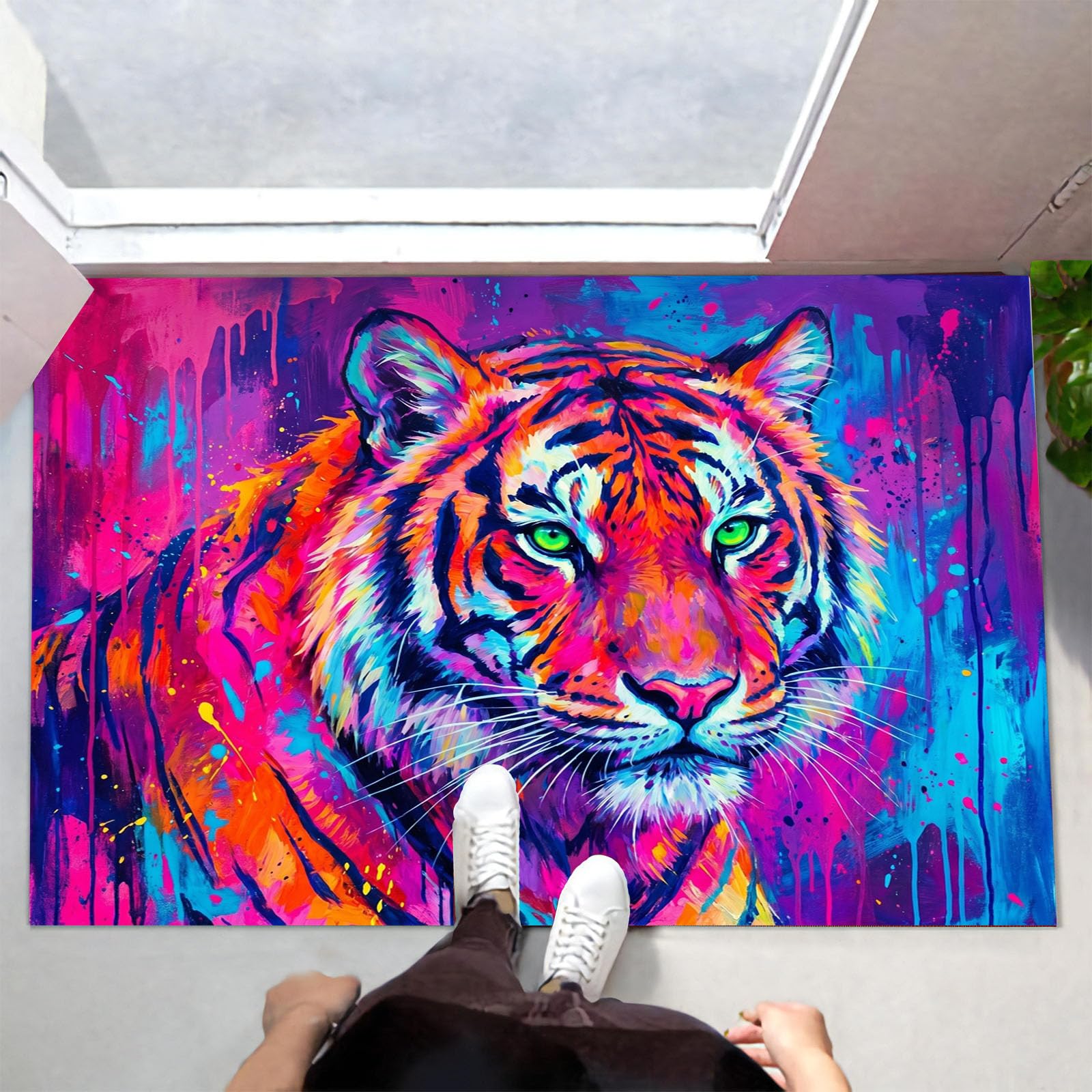 Zerbino Interni Animale Schizzi D'Inchiostro Fantastici 60X90Cm, Antiscivolo Lavabile, Tappeto Da Ingresso Tigre Del Pop Strada, Tappetino Pelo Basso Antipelo Per Porta D’Ingresso, Rosso