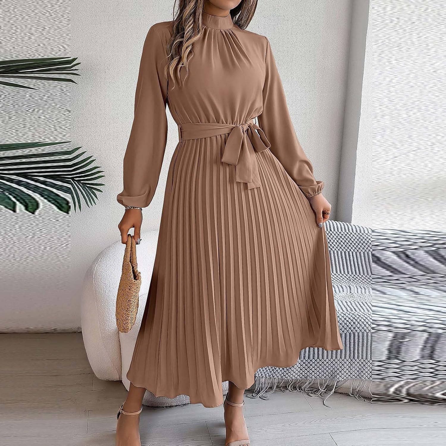 Solid Dresses for Women 2024 Mock Neck Long Sleeve Pleated A Line Dress Elegant High Waist Maxi Dress with Belt