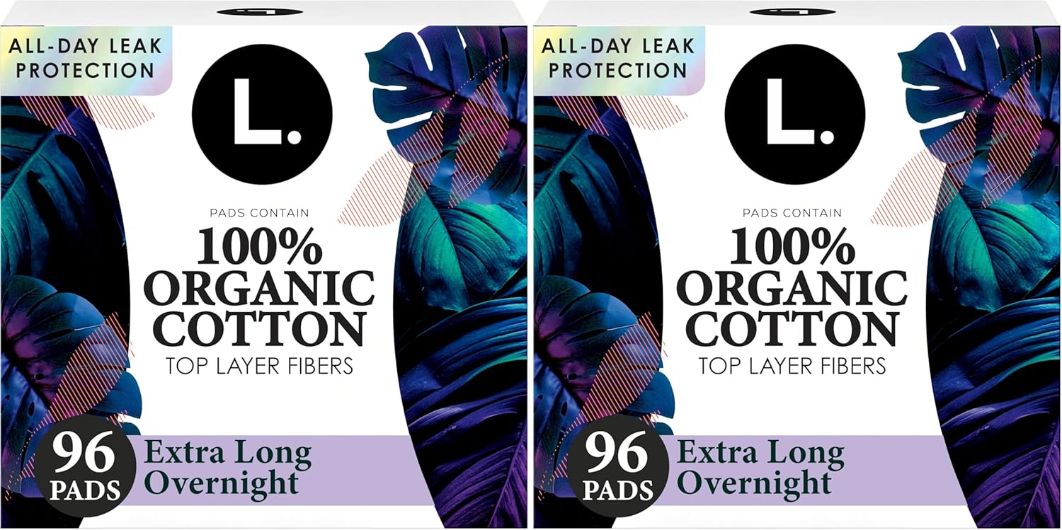 L. Ultra Thin Pads for Women, Overnight Absorbency, Organic Cotton Top Layer, Unscented Pads with Wings,96 Count (Pack of 2)