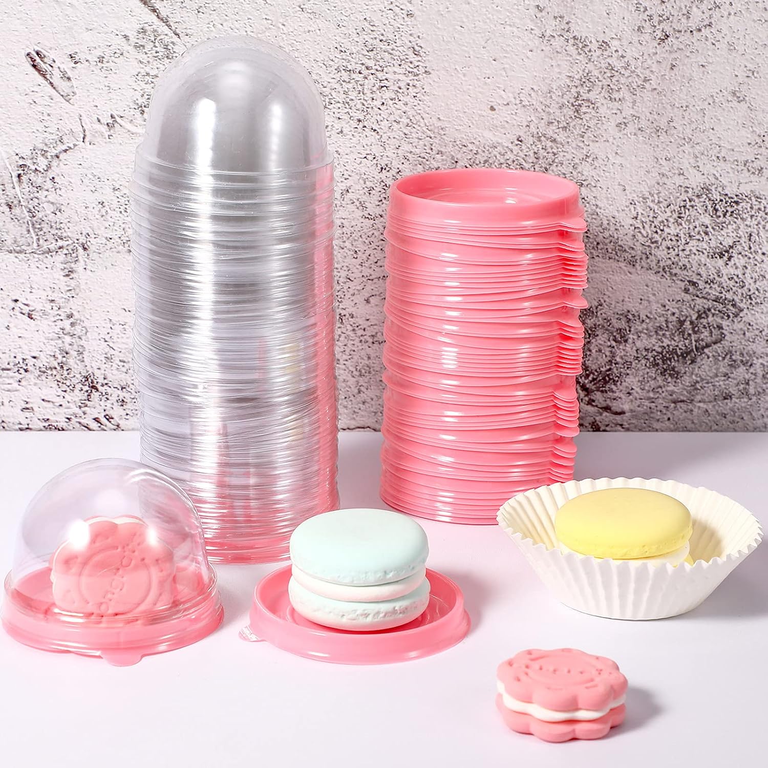 Patelai 50 Pcs Mini Cupcake Containers Clear Plastic Dome Boxes, Pink