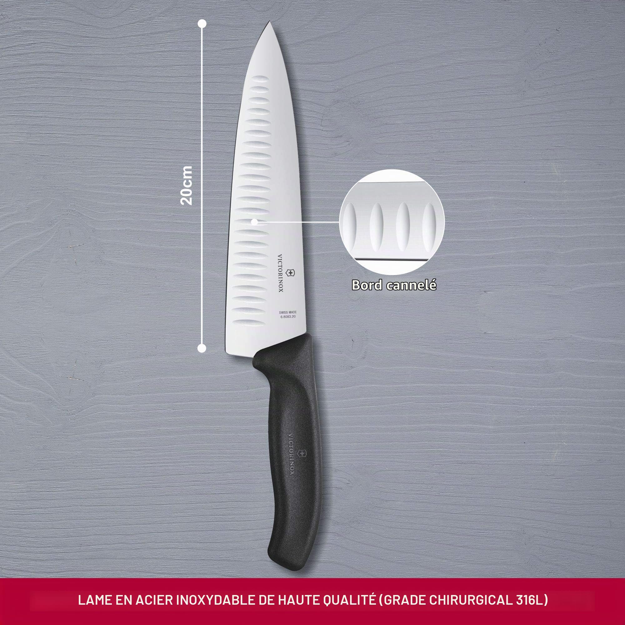 Victorinox Swiss Classic, Couteau à trancher professionnel, Lame extra-tranchante, tranchant en forme de bulbe, 20 cm, Manche plastique, Acier inoxydable, noir