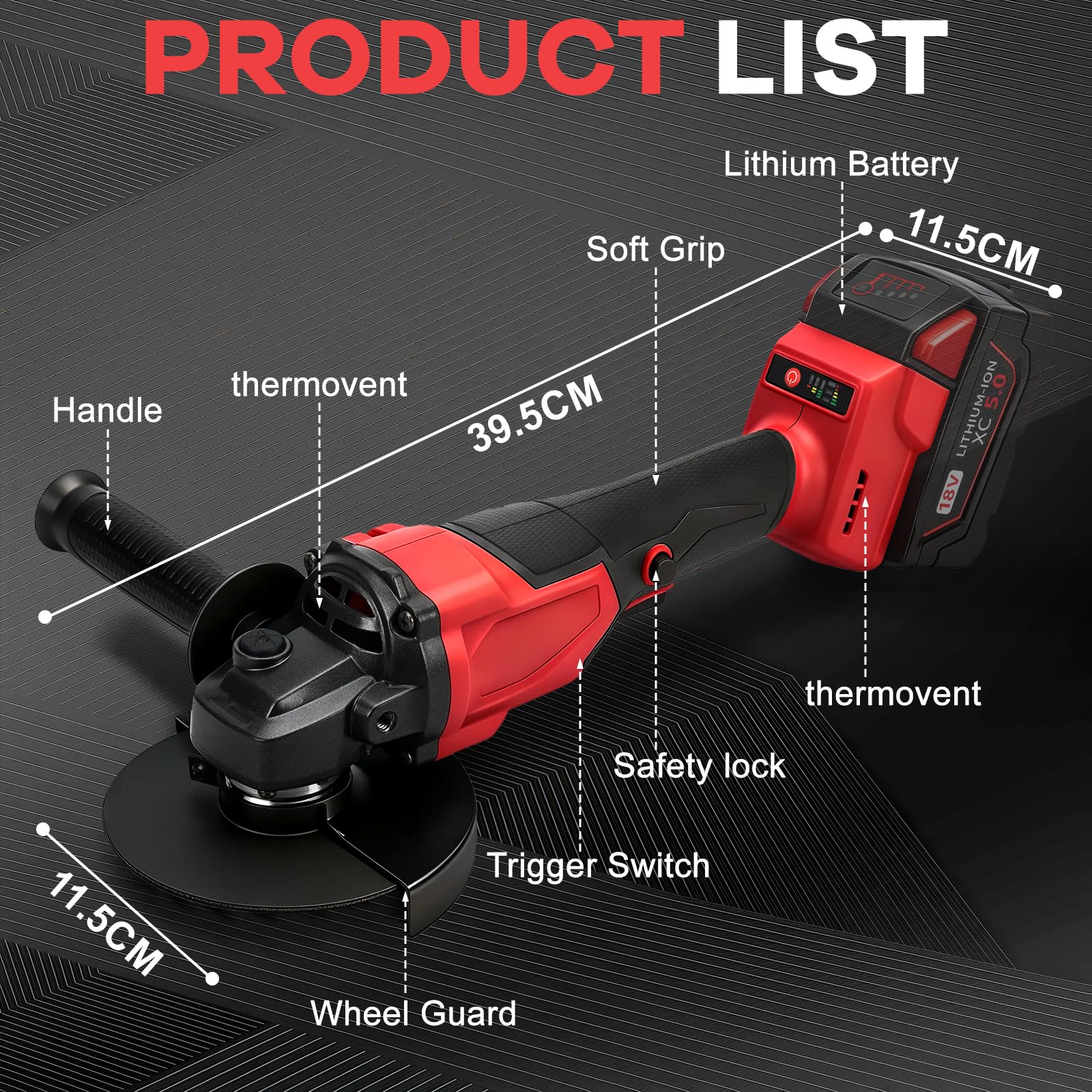 Smerigliatrice angolare a batteria da 125 mm, compatibile con Milwaukee M 18 V (senza batteria), 900 W, 9000 giri/min, smerigliatrice angolare brushless a 3 velocità, 12 dischi, impugnatura aggiuntiva