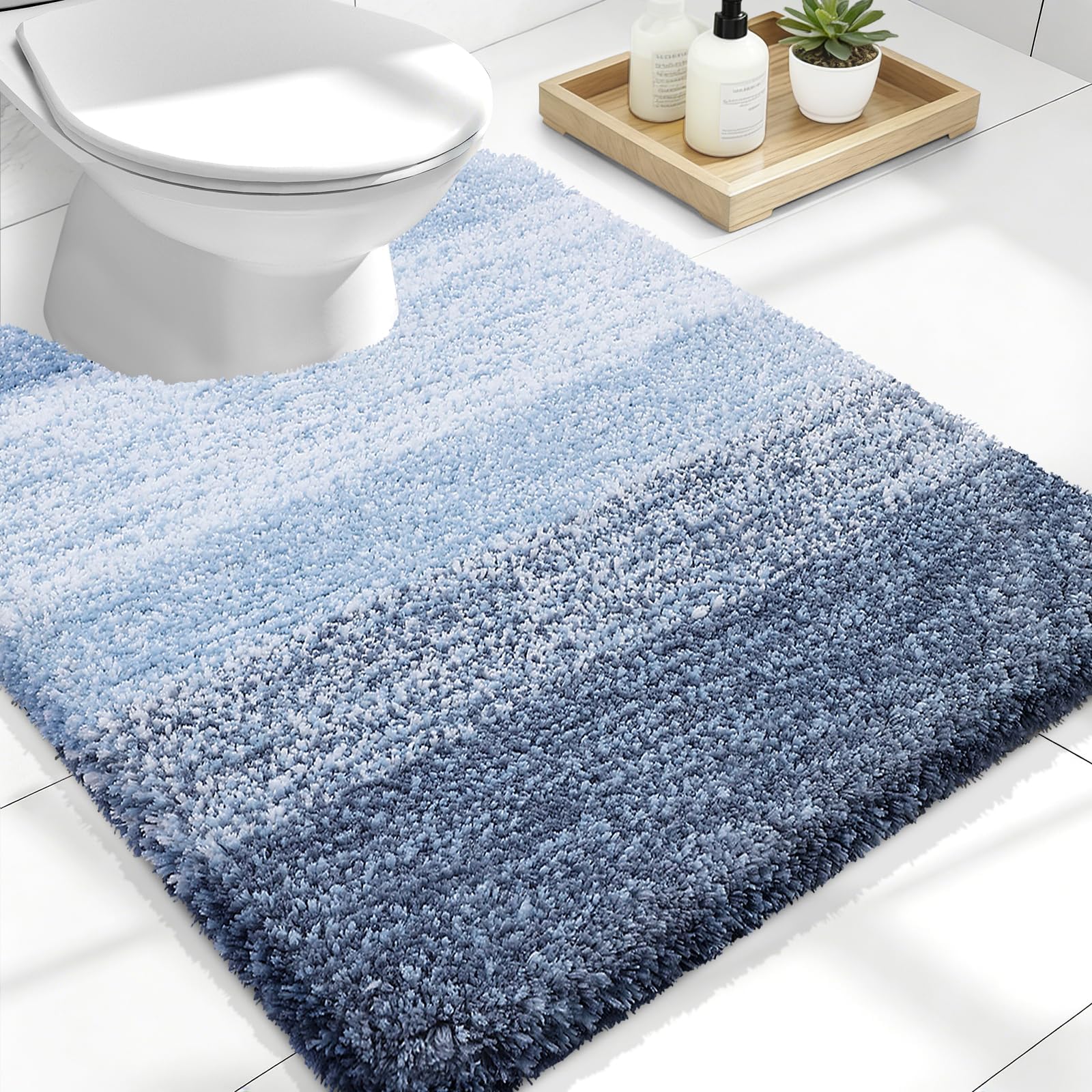 Luxury Toilet Rugs U-Shaped 24x20, Extra Soft and Absorbent Microfiber Bathroom Rugs, Non-Slip Plush Shaggy Bath Mat, Machine Wash Dry, Contour Bathroom Mats for Toilet Base, Blue
