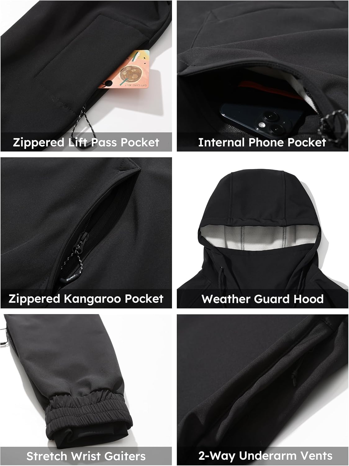 Waterproof Snow Hoodie for Men & Women, 10K Fleece-Lined, 4-Way Stretch Ski Hoodie with Underarm Vents