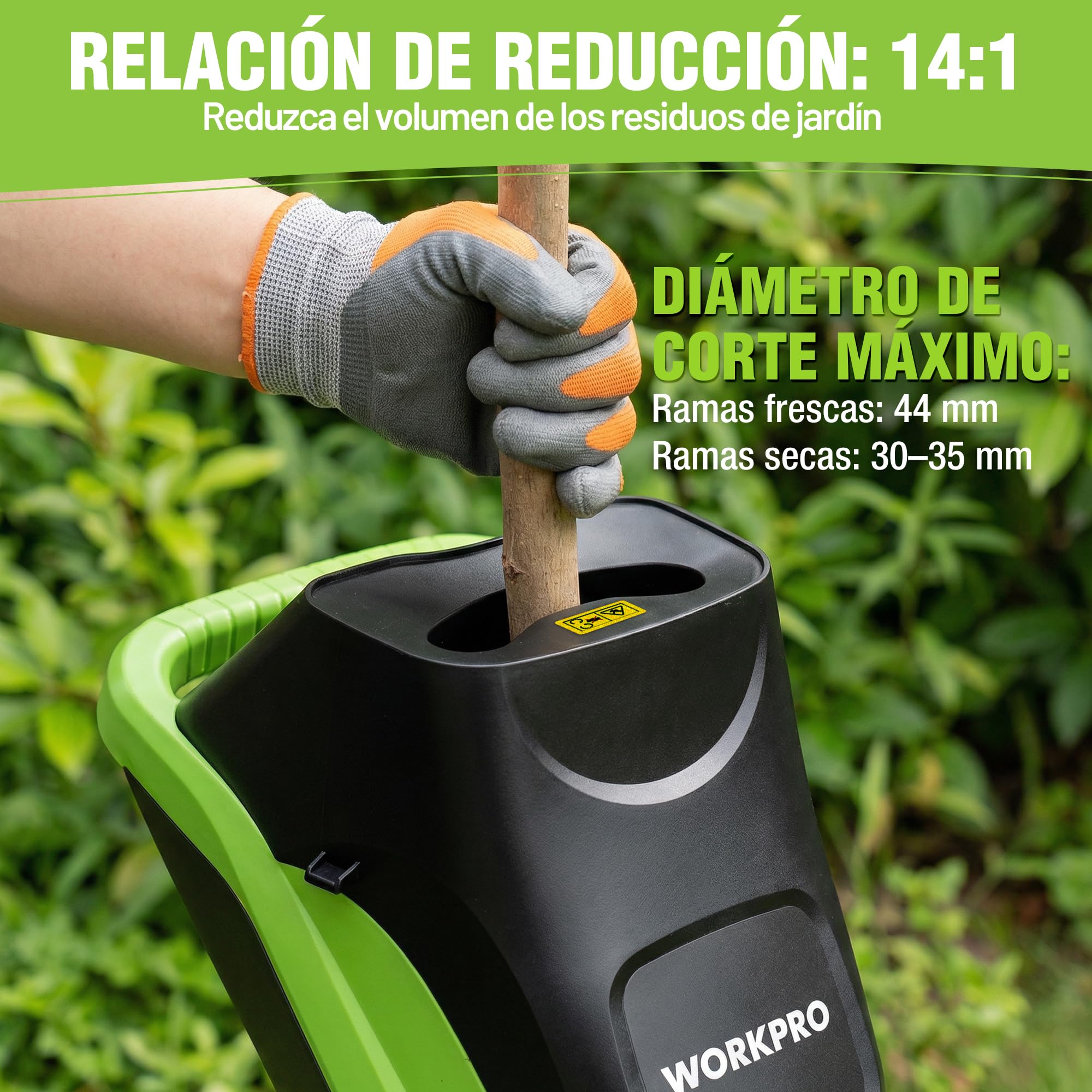 WORKPRO Trituradora de Jardin Eléctrica Cuchillas 2500W con Tijeras de Podar, Biotrituradora de Ramas Ø44 mm, 4300 RPM, Trituradora de Hojas con 2 Bolsas de 45 L, Trituradora para Residuos de Jardín
