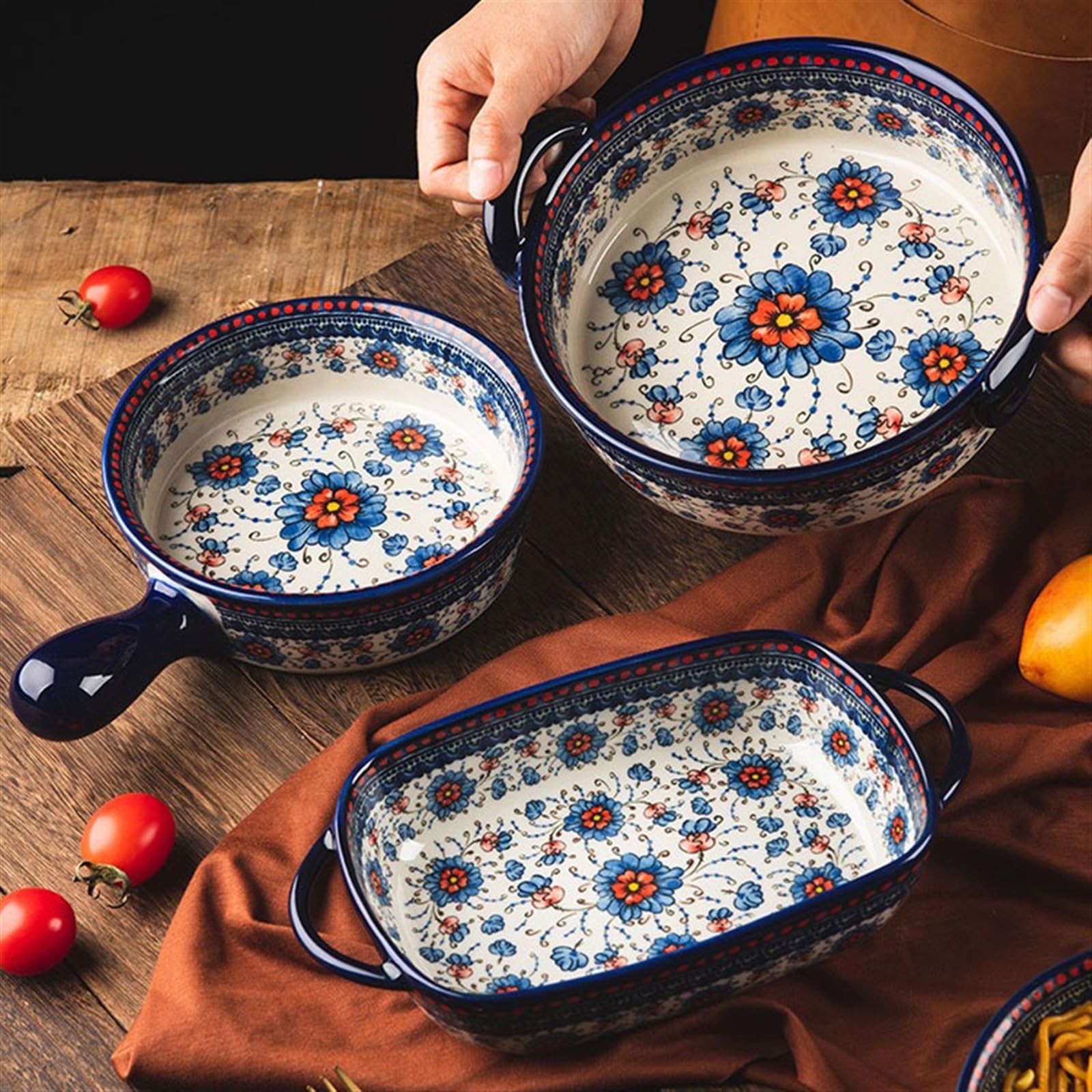 Zastawa stołowa,Pieczenie Naczynia do pieczenia na zapiekanki Vintage ceramiczne naczynie do zapiekania Uchwyt do użytku domowego Miska Zastawa stołowa Kreatywna Miska z podwójnym uchem Miska na zupę