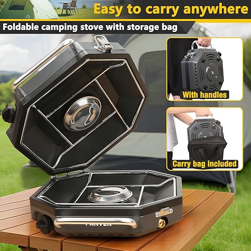 Miniatura 4 de Estufa de campamento de propano de 2 quemadores, estufa de campamento de propano de 20,000 BTU, estufa de gas portátil con parabrisas, bolsa de