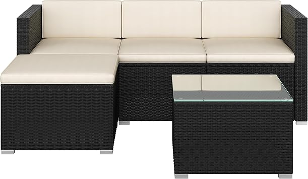 Yaheetech 5-Piece Garden Furniture, Rattan Modular Lounge Sofa, Black/Beige