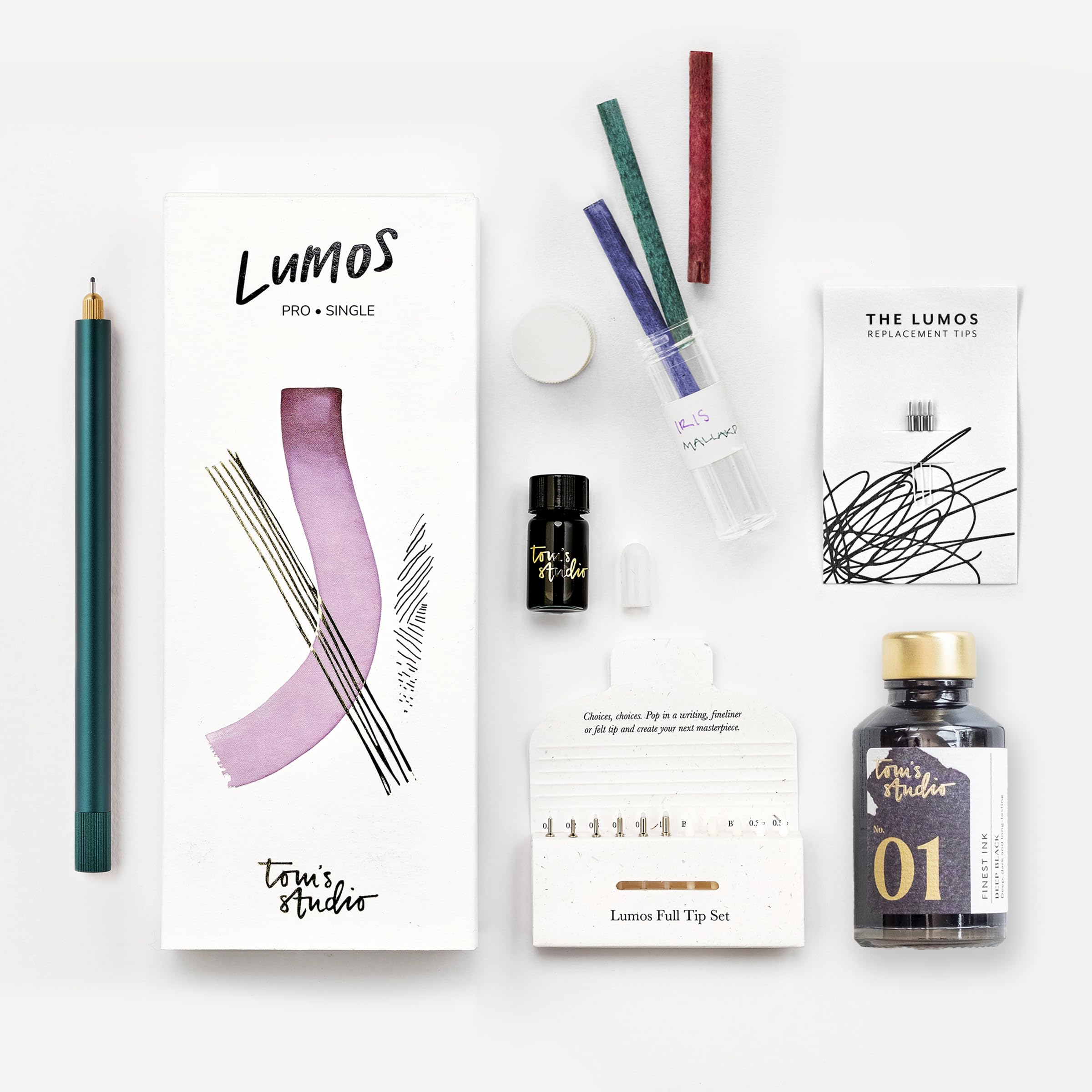 Tom's Studio Lumos Pro Single | Ivy | Refillable Creative Pen System | Includes Deep Black Fountain Ink (50ml), 0.05 Fineliner Tips (3pk), Spare Reservoirs & Reservoir Container | Fineliner & Writing