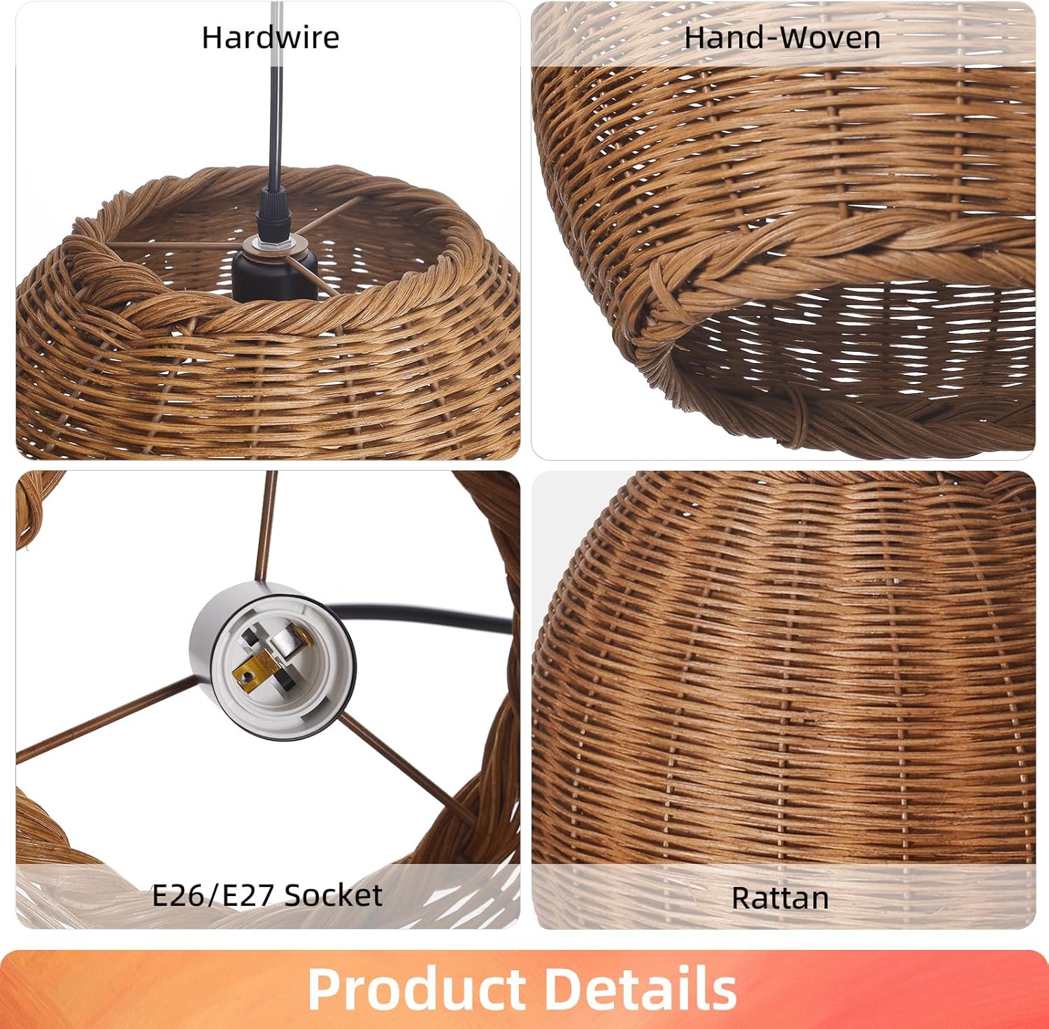 Arturesthome 13.7" Rattan Pendant Lighting Boho Handwoven Ceiling Hanging lampshade Farmhouse Chandelier for Living Room Bedroom Foyer Hallway
