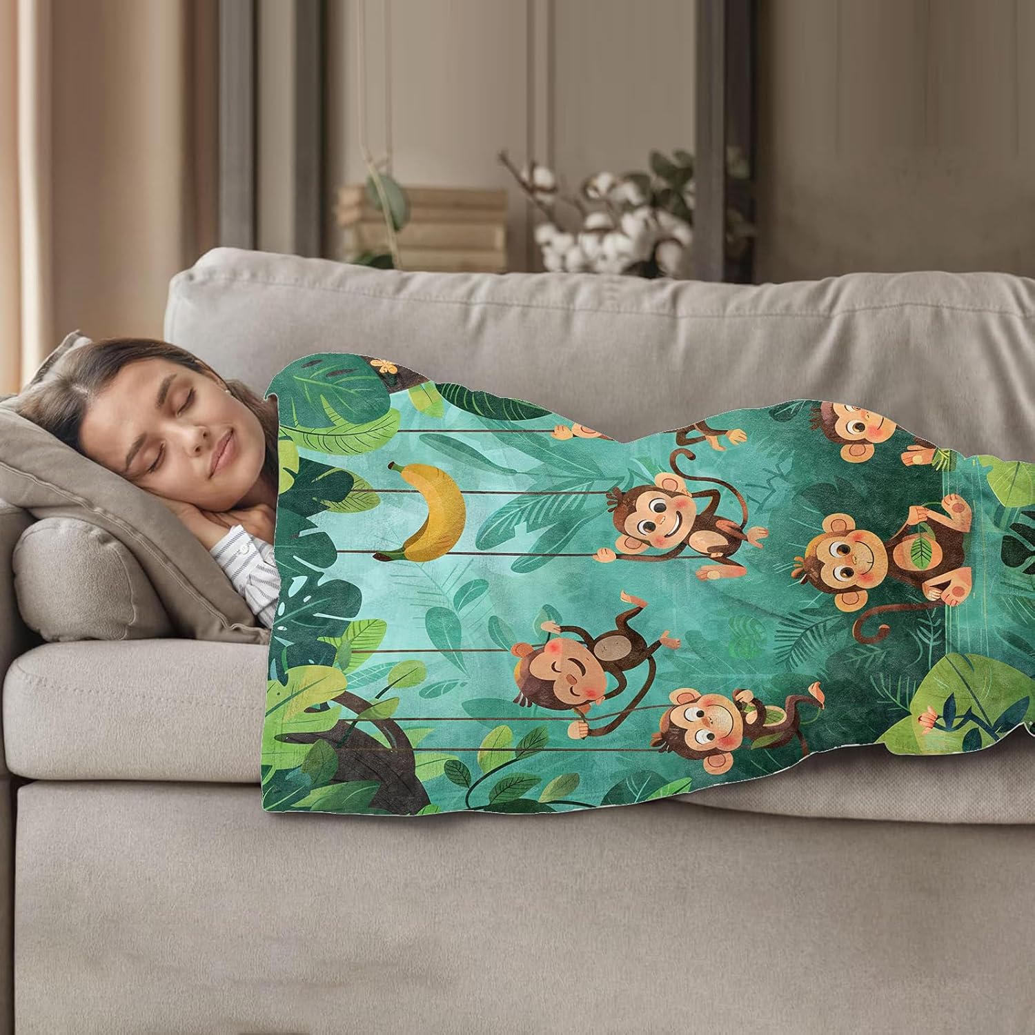 Jungle Monkey Throw Blanket for Women Girls Boys, Soft Flannel Blankets Gifts for Living Room Couch, Home, Sofa Decor, 50"x60"