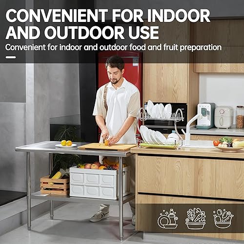 Miniatura 8 de GANACISER Mesa de acero inoxidable para preparación y trabajo, mesa comercial resistente con estante inferior para restaurante, hogar, hotel y