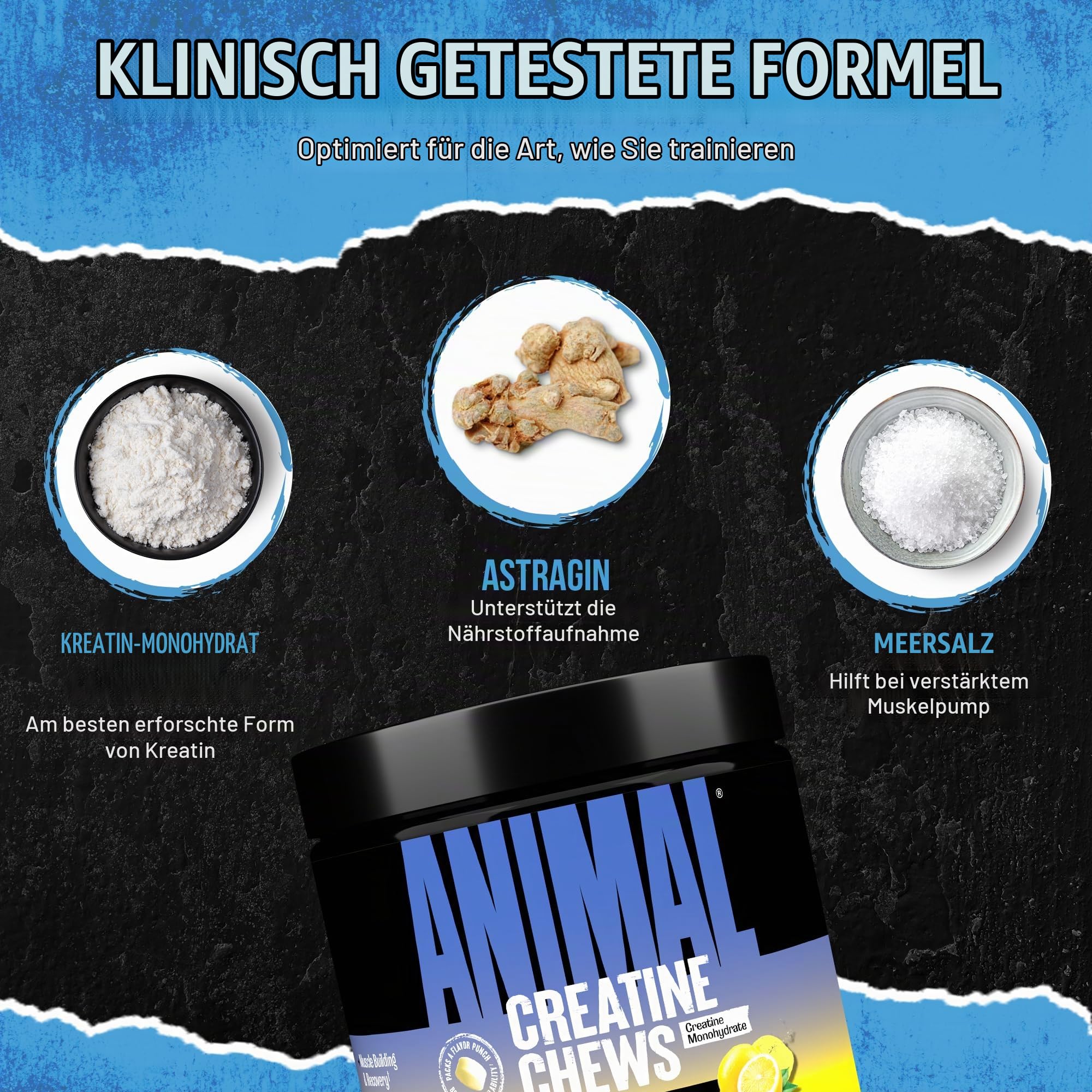ANIMAL Creatine Performance Chew Tabs Lemon Ice - Kautabletten mit 5 g Kreatin Monohydrat pro Portion & Meersalz für verbesserte Wirkung - 120 Tabletten