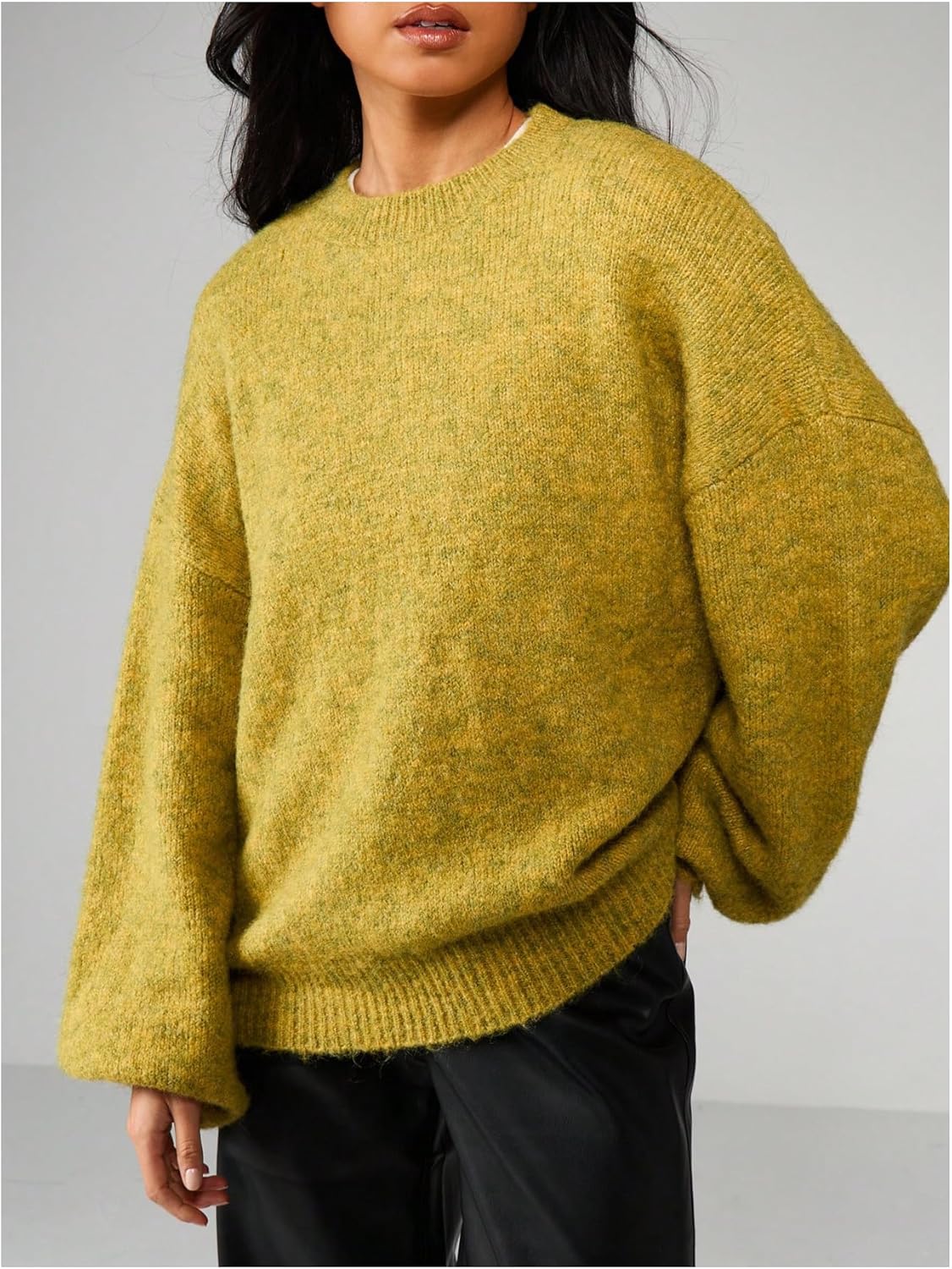 Women's Baggy Knit Sweater Crew Neck Lantern Sleeve Pullover Sweaters Fall Jumpers