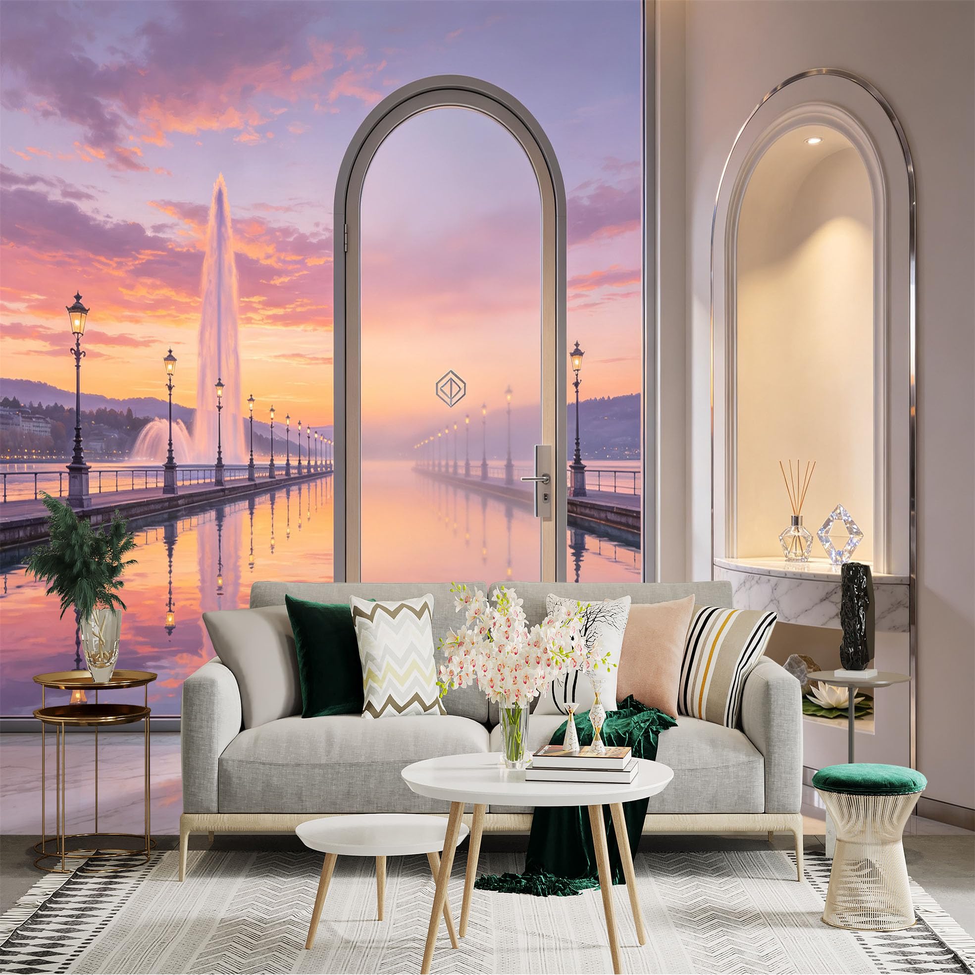 Custom Size Wall Sticker Mural， Sunset Lake View with Fountain and Reflection， Scenic Waterside Landscape， for wall Decoration， peelandstick wall Decals.