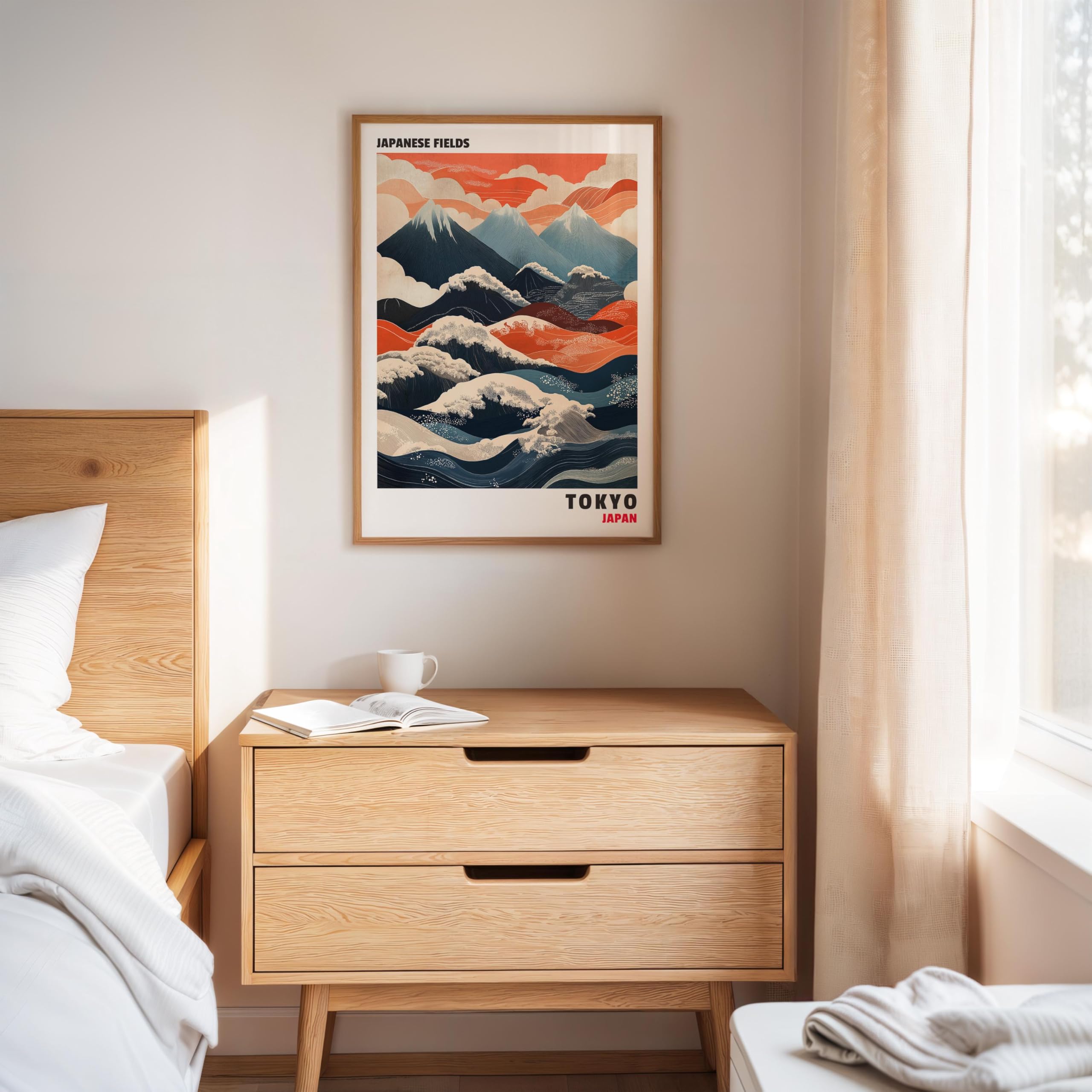 LMYCHENG Obrazy krajobrazu na płótnie - japońskie czerwone i niebieskie góry plakaty i druki, malarstwo w stylu Ukiyo (70 x 100 cm / bez ramki)