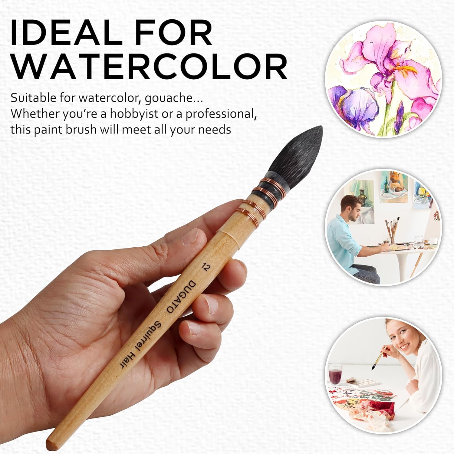 Professional Watercolor Paint Brushes, Round Squirrel Hair Paint Brush Set for Art Painting, Gouache, Fine Detailing, Acrylic, Gouache, Oil (Size #12)