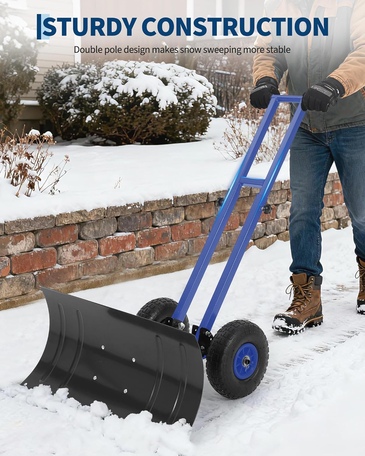 Heavy Duty Rolling Snow Shovel with Wheels – 29x14 in Wide Metal Blade – 5-Position Angled & Height Adjustable Ergonomic Handle – Snow Removal for Driveway, Sidewalk, Pavement – Black & Blue, Spec: 36