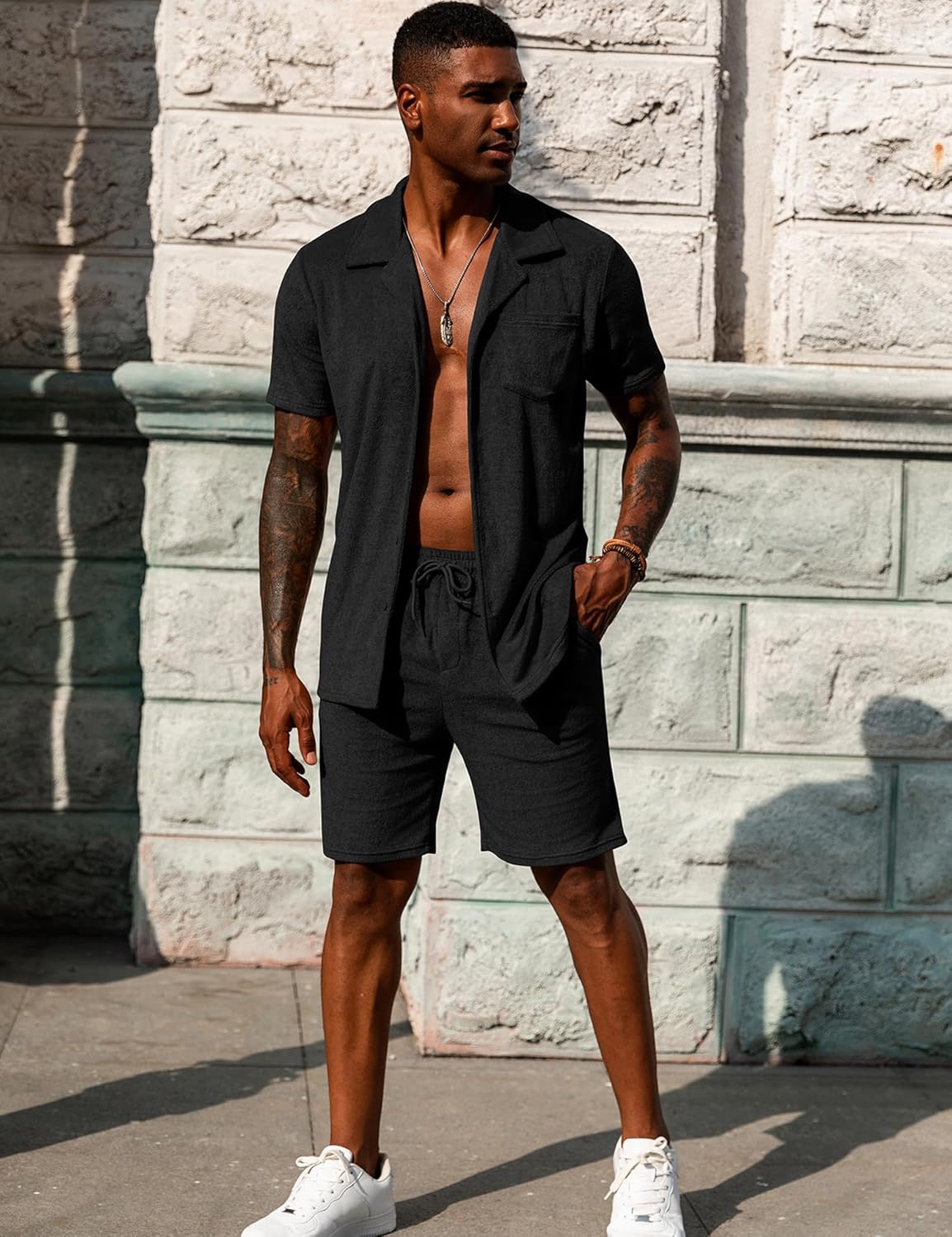 URRU Mens Short Sets 2 Piece Outfits Summer Beach Terry Short Sleeve Button Down Shirt and Shorts Set - Image 4