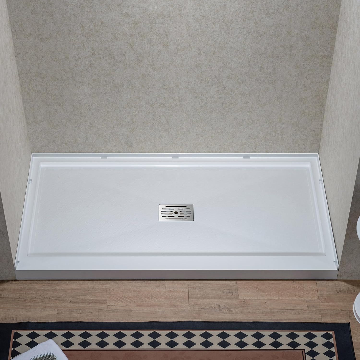 WOODBRIDGE 60"L x 32"W Solid Surface Shower Pan Base in White, Alcove Installation, with Brushed Nickel Center Drain, Slip-Resistant