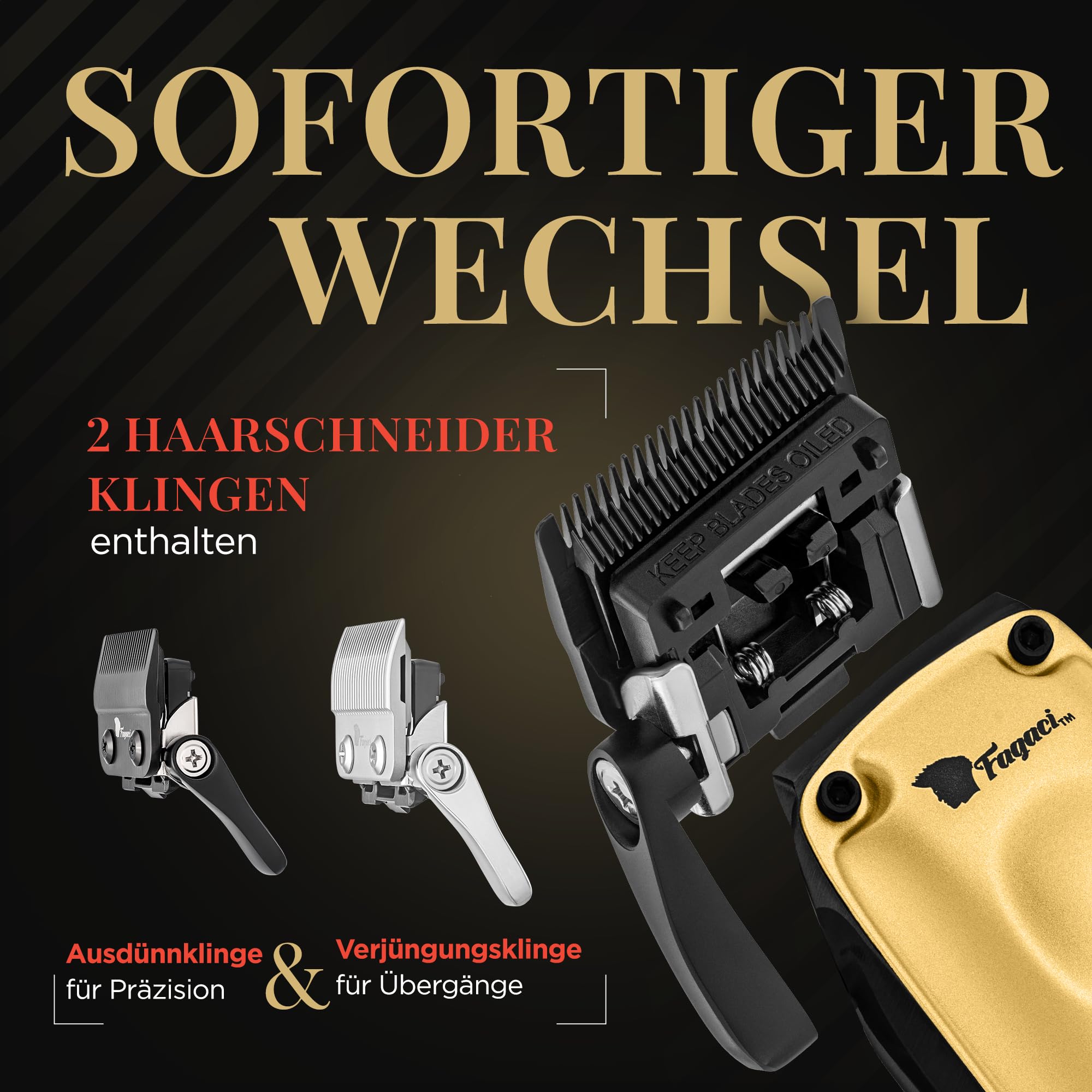 Fagaci Haarschneidemaschine und Trimmer, Fade und Taper Wechselklingen | Klingen einfach wechselbar, drücken und einklicken, Präzise Linien und Fades, Kühler Schnitt ohne Überhitzung