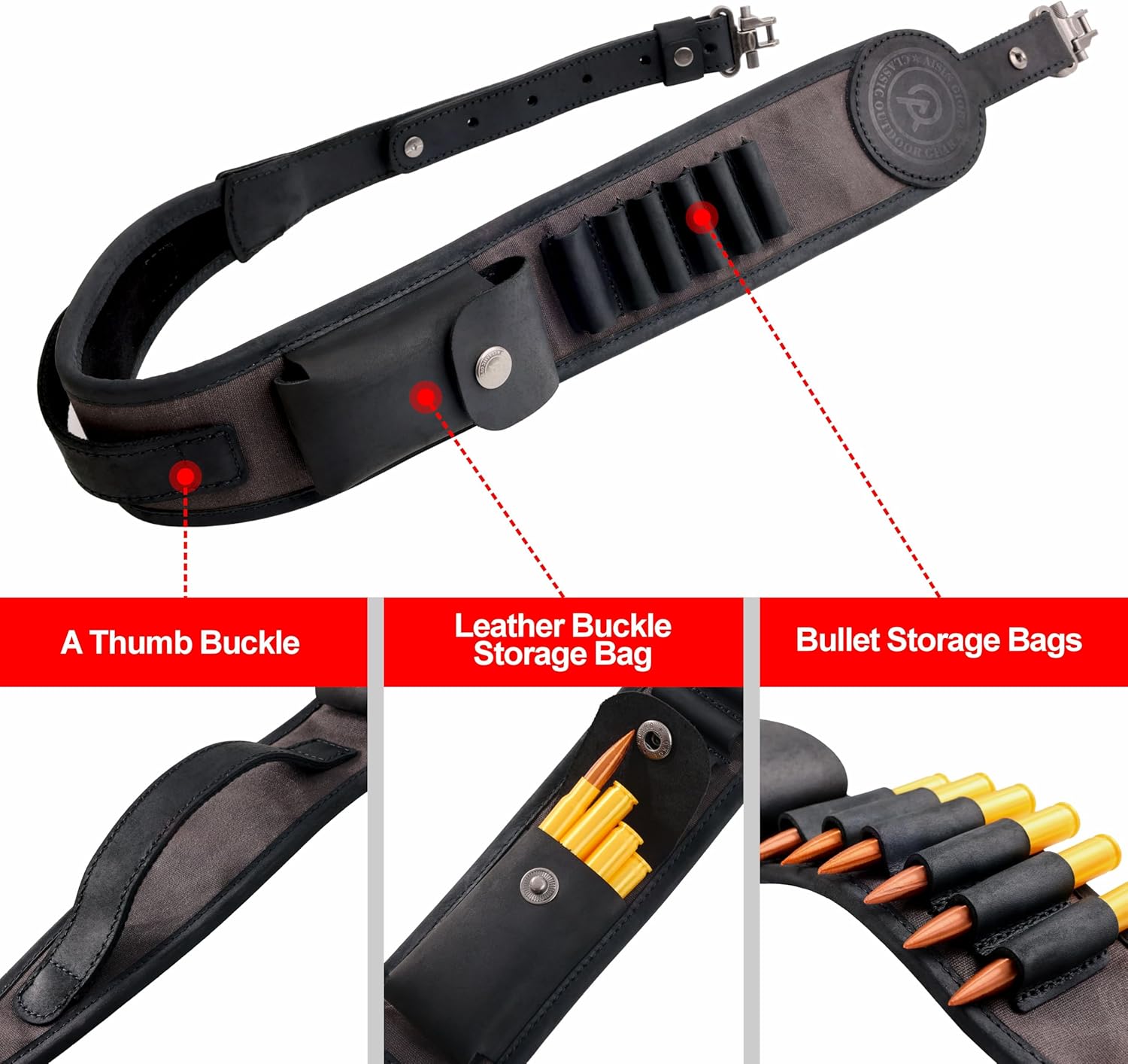 Aisin Gioro Rifles Slings, 2.5" Wide Double Layer Crazy Horse Leather Ammo Holder Gun Sling Adjustable Replacement with Gun Sling Swivels