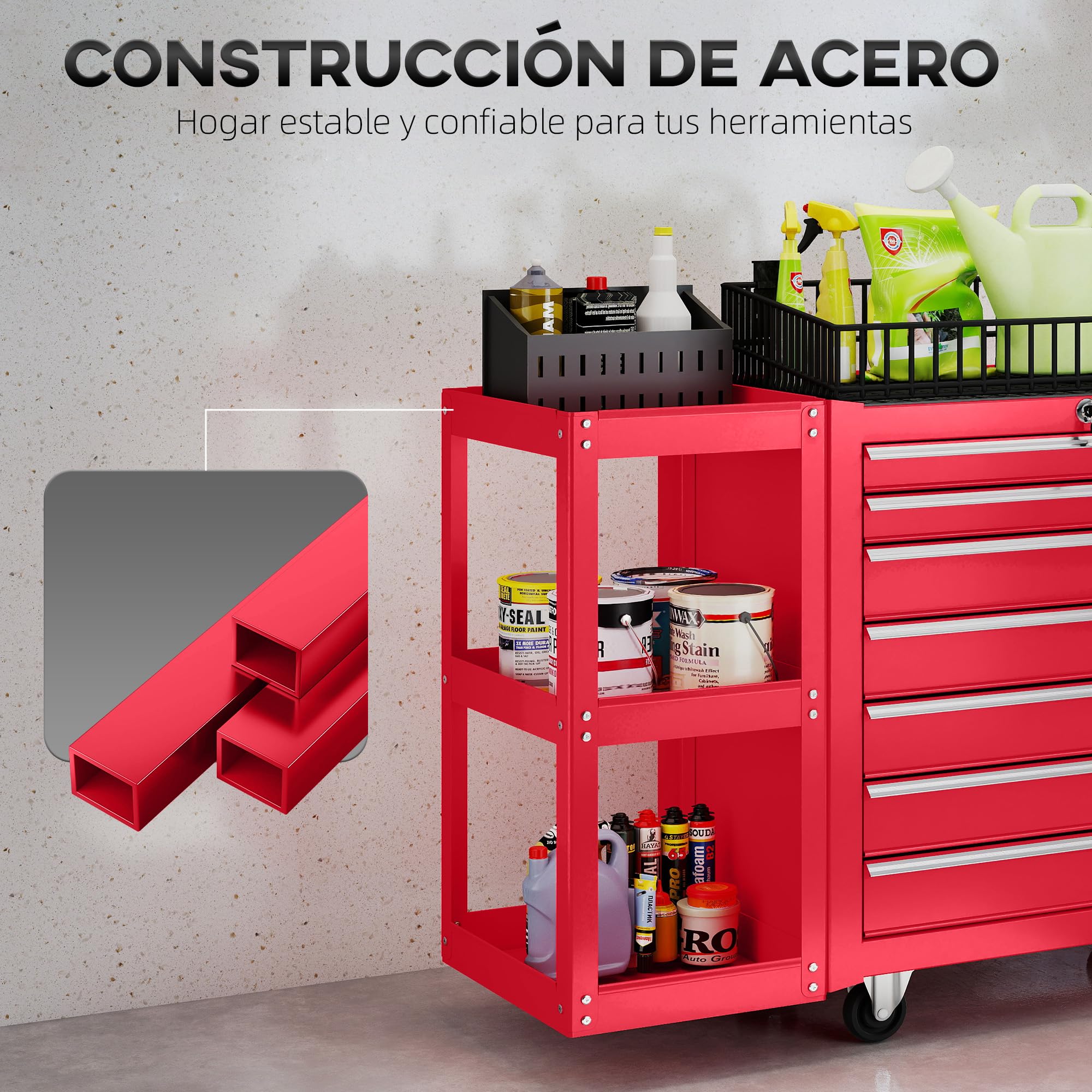 HOMCOM Carro de Herramientas con 7 Cajones, Carro de Taller con Estantería de 3 Niveles Desmontable, Sistema de Cierre Central, Asa, 2 Ruedas con Freno de Bloqueo, Rojo