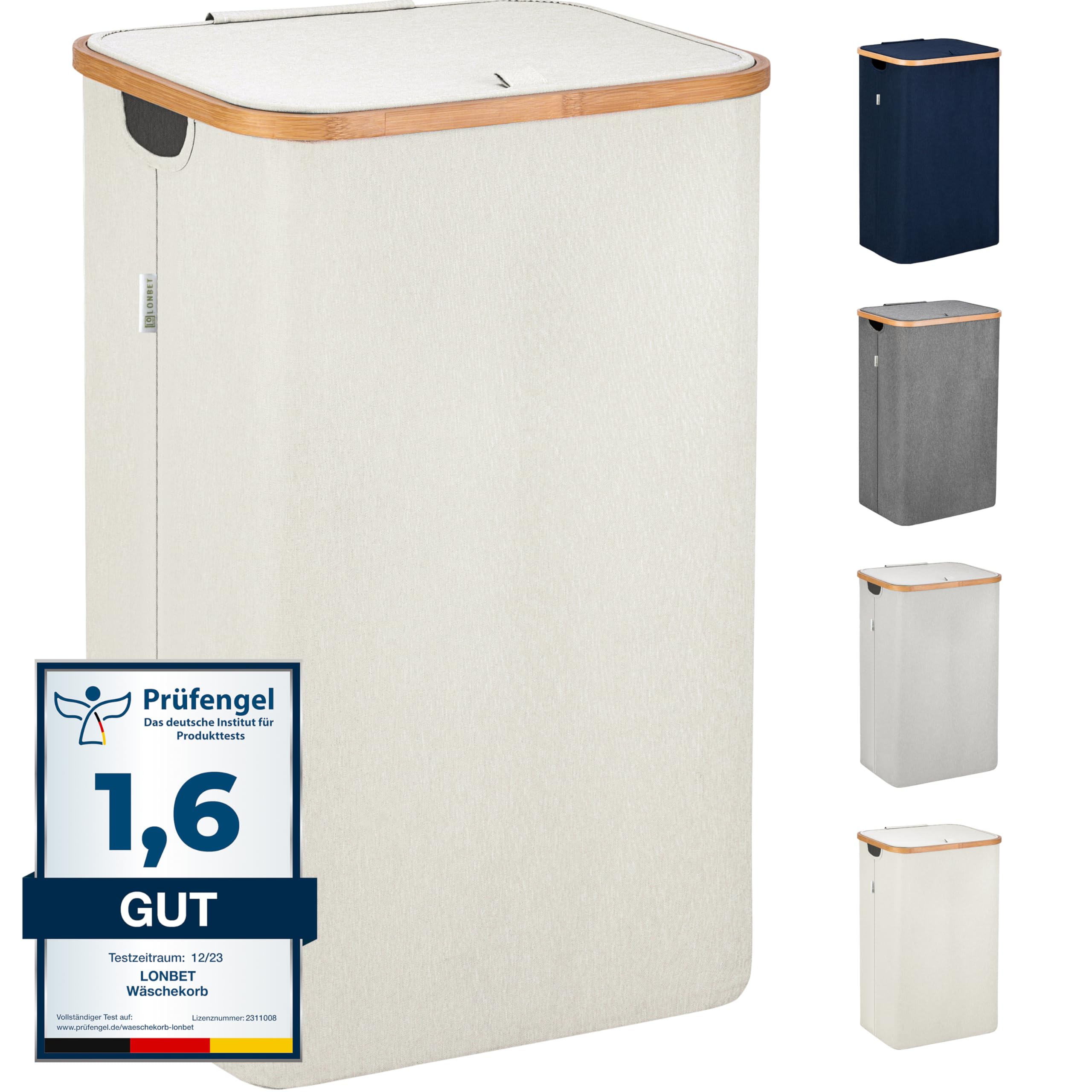 LONBET Wäschekorb mit Deckel 100L Groß - Stilvoller Wäschesammler Atmungsaktiv mit Stabilem Bambus-Rahmen - inklusive Herausnehmbarem Wäschesack Waschbar - Laundry Baskets Wasserdicht | Beige