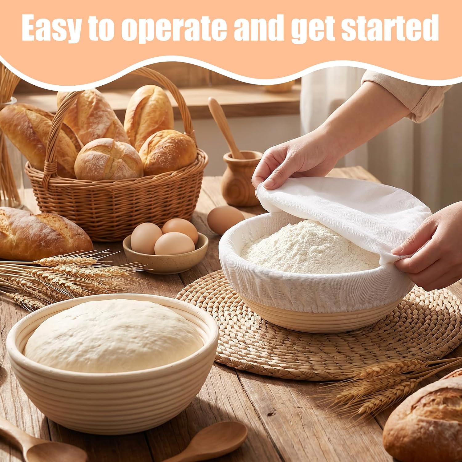 2 Pack 9 Inch Banneton Bread Proofing Basket Set Round Sourdough Bread Proofing Basket with Liners Plastic Rattan Dough Rising Bowl for Sourdough Baking