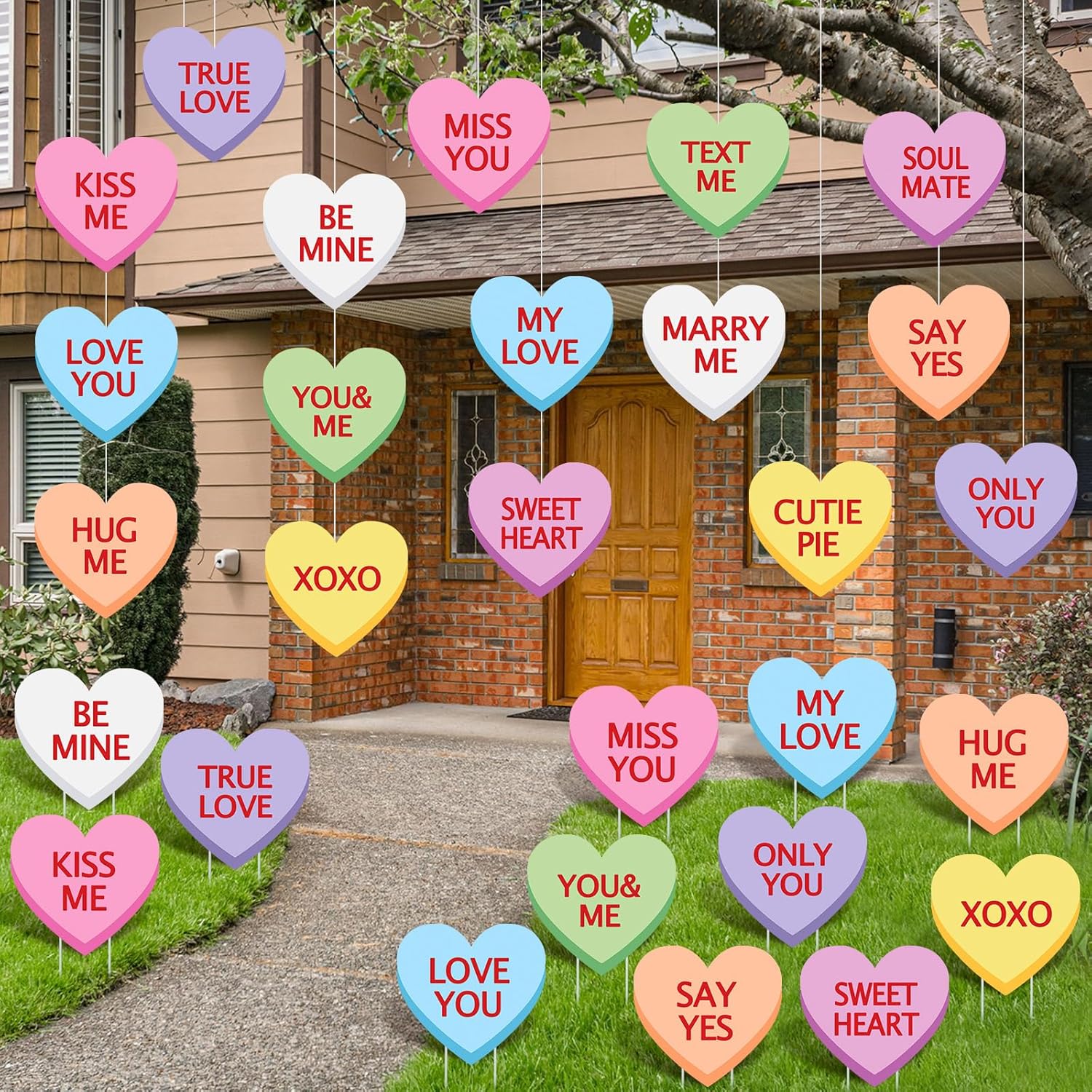 Yuntau 28 Pcs Valentine‘s Day Outdoor Decorations Conversation Heart Candy Yard Sign Valentine Day Yard Stakes Heart Sayings Hanging Ornaments with Stakes and Fishing Threads for Valentine Tree Lawn