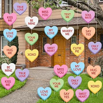 Yuntau 28 Pcs Valentines Day Outdoor Decorations Conversation Heart Candy Yard Sign Valentine Day Yard Stakes Heart Sayings Hanging Ornaments with Stakes and Fishing Threads for Valentine Tree Lawn